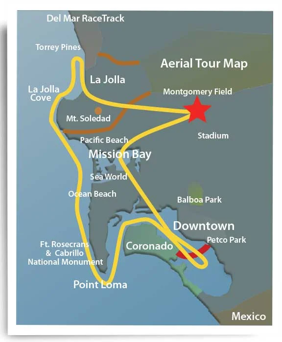 Aerial Tour map of San Diego. We have multiple options. Great airplane ride for friends, family or a date!