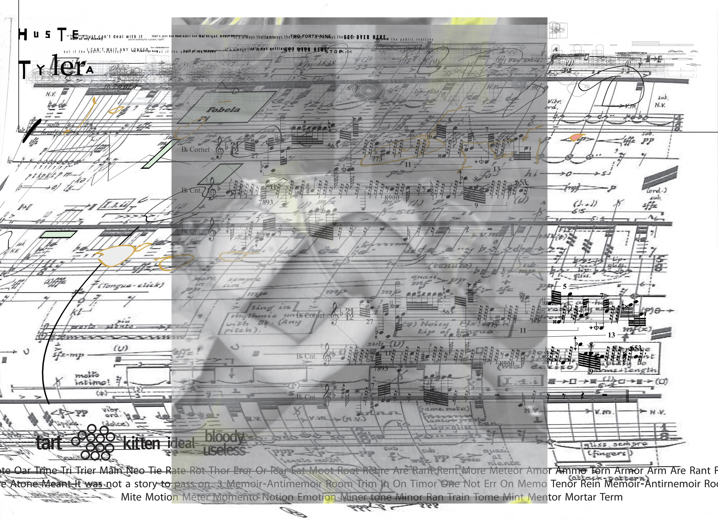 SCORE: "The Conjunction of Her Thighs with the Titanium Tipped Instrument Heads" Scored for Violin, Viola de Gamba, B Flat Cornet, Single Voice (Mezzo Soprano), and Vibraphone. 2013