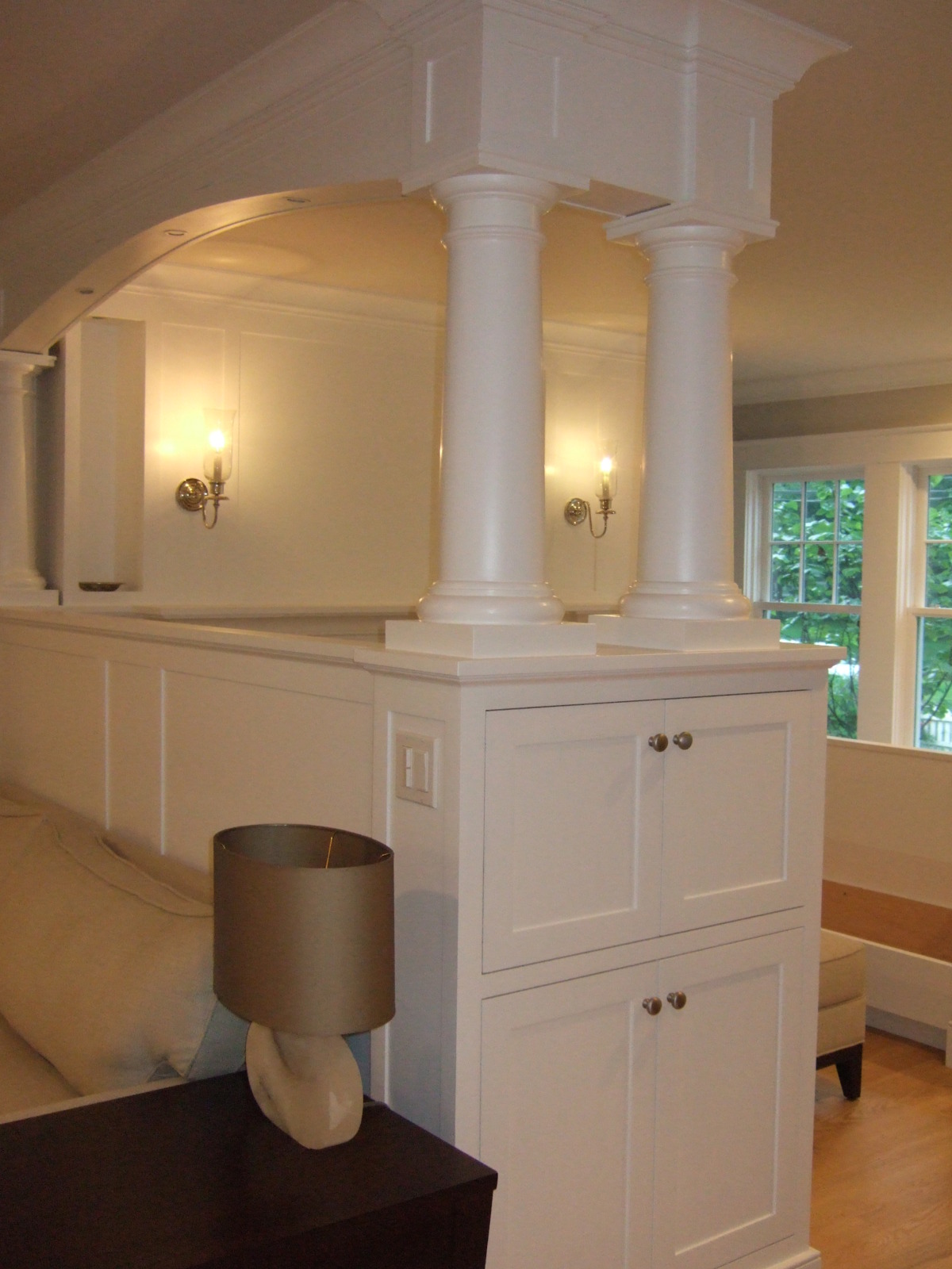Darien LEED Home - Inglenook columns cabinets