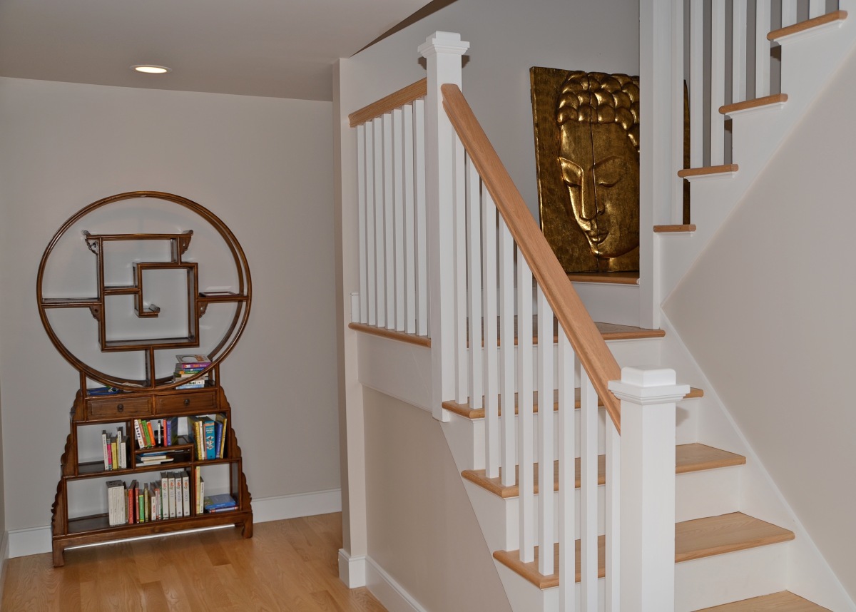 Darien LEED Home - white Staircase with wood risers