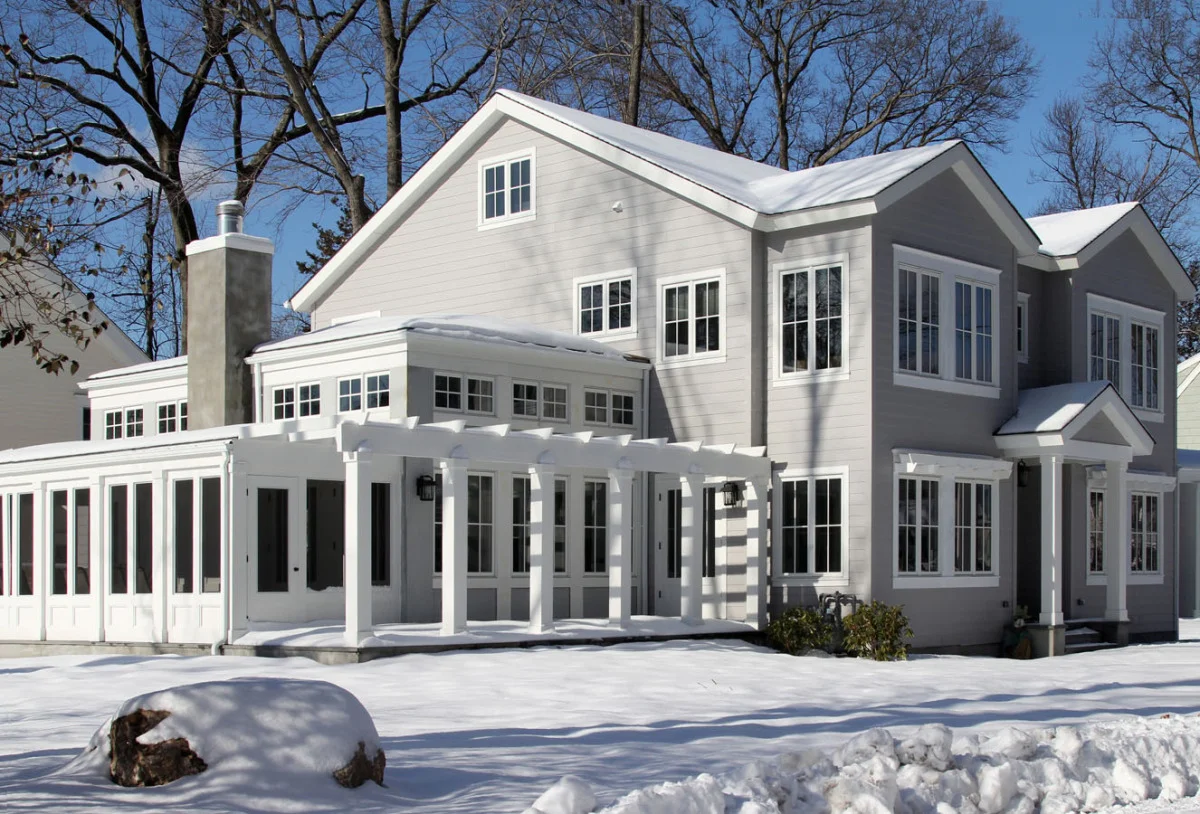 Old Greenwich Side view of energy efficient house pergula
