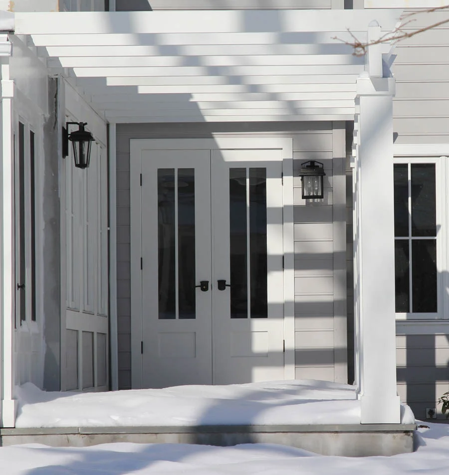 Old Greenwich Trellis/Porch Detail double glass white paneled doors