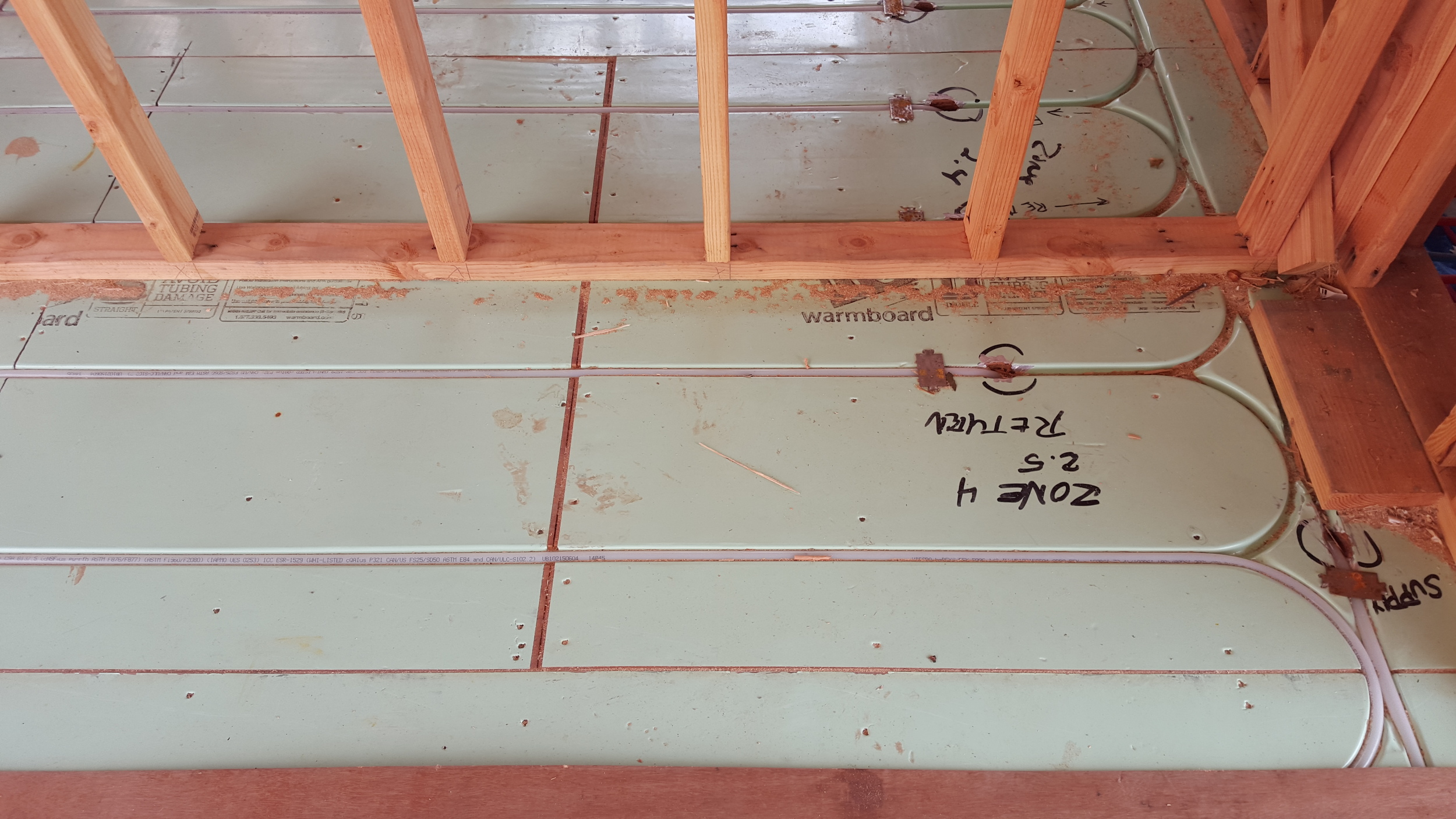You can also see the radiant floor has been installed to go under the wide board wood floor to come. The house will be an indoor-outdoor, comfortable, airy and energy efficient refuge.