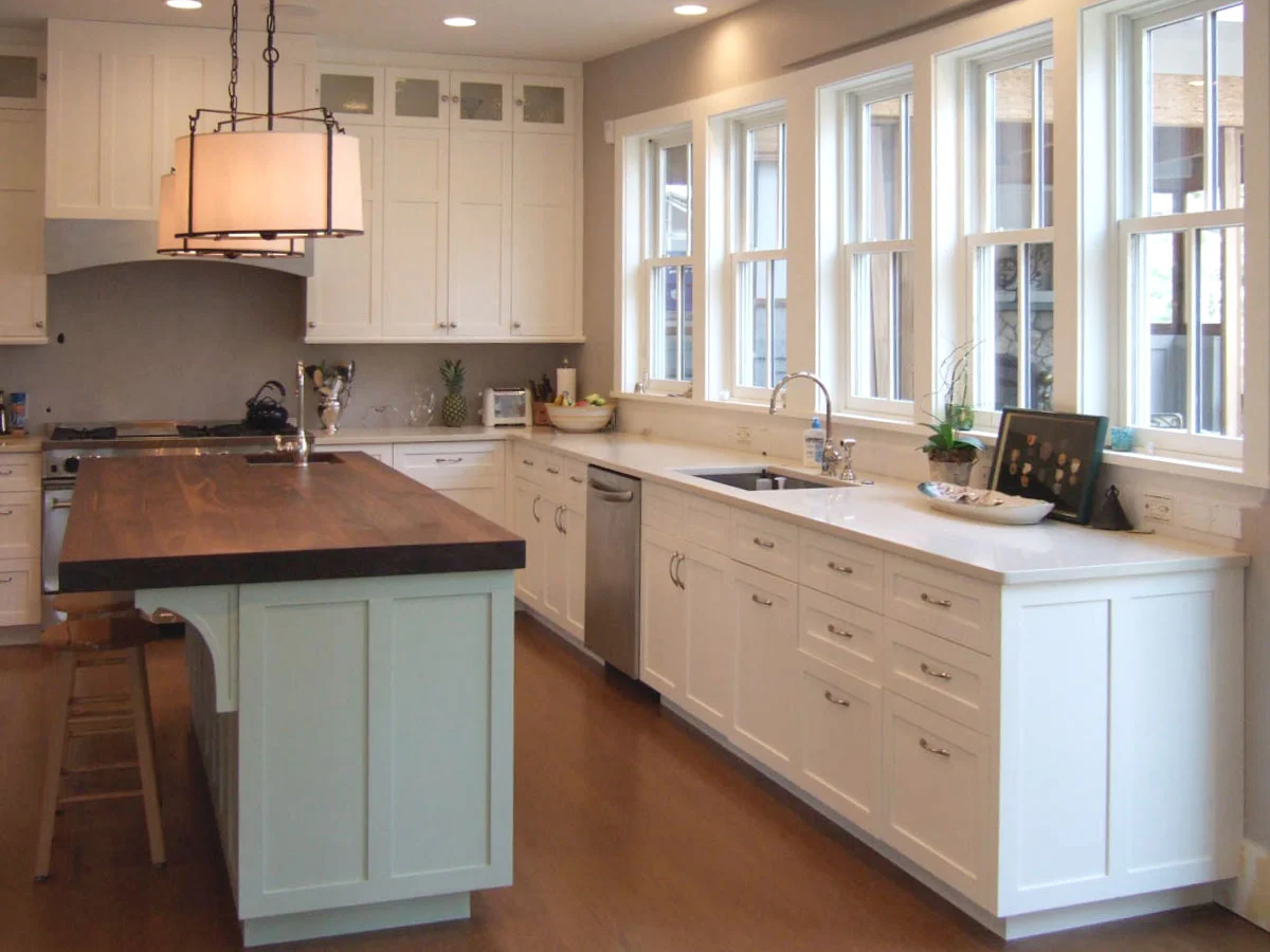 A non-toxic kitchen built with Forestry Service Certified (FSC) wood, no-VOC finishes, and a no maintenance, no-VOC Quartz countertop