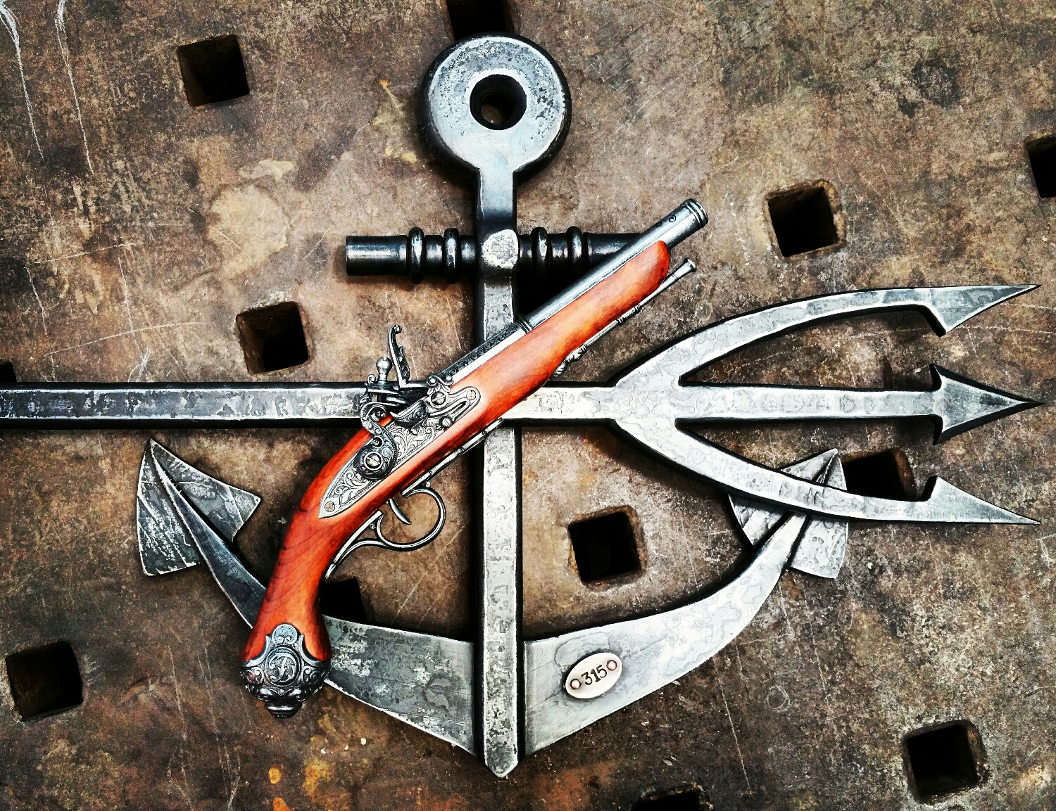 Full scale Seal ratings badge. A gift to command from graduating seal class 315. Forged iron anchor and trident, replica Flintlock. Bronze 315 tag. 2' X 2'