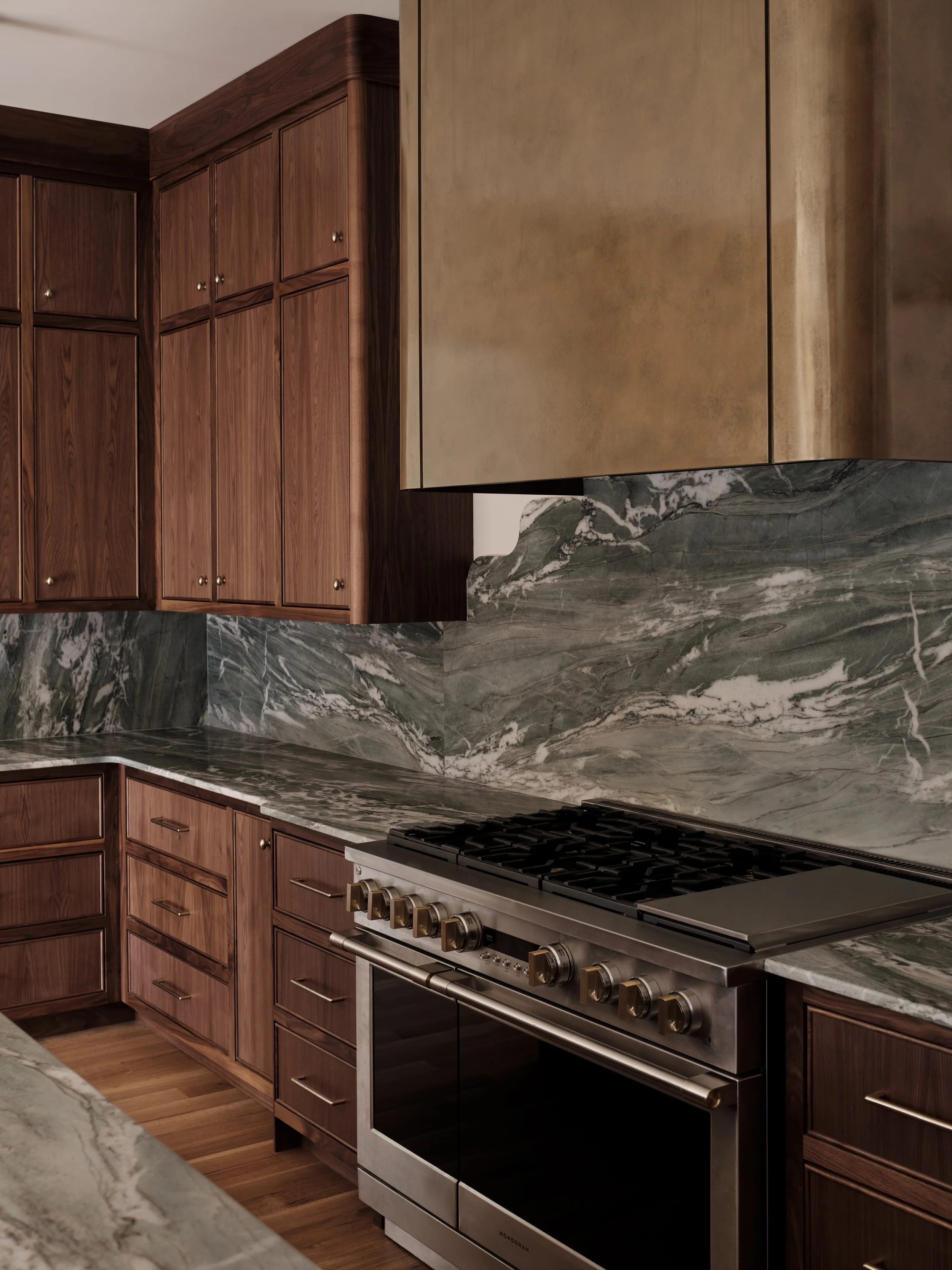 Green Marble Kitchen with Brass Hood Lauren Bradshaw Design