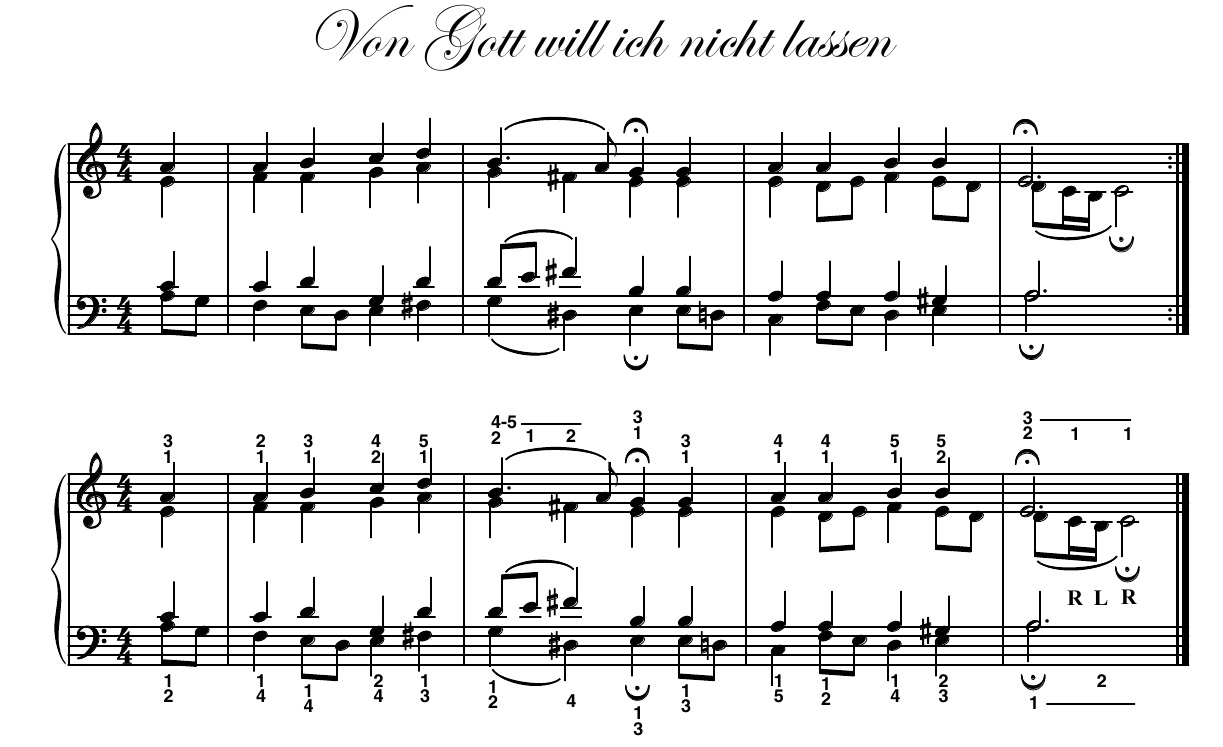 These are the first four bars of Bach's Chorale, Von Gott will ich nicht lassen (BWV 419) , whose text page and two-voice versions appear above. The excerpt above shows the un-fingered four-voice version (SATB) while the excerpt below shows the same bars with fingering. All works in the Hymn & Chorale Project present full SATB versions with and without fingering each on separate pages. 