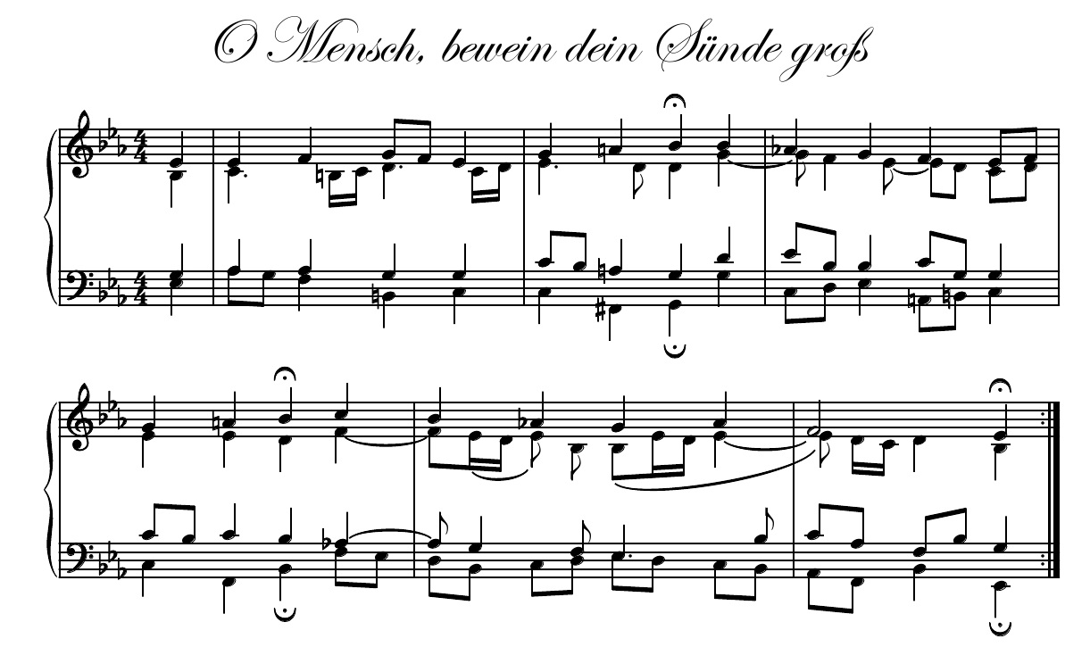 BachScholar's engraving (un-fingered) of the opening six bars of Bach's well-known Chorale, O Mensch, bewein dein Sünde groß (BWV 402), which consists of a total of 24 bars. Considered by many to be Bach's finest chorale, the pianist who can sight-read this chorale well is an exceptionally gifted sight-reader while the pianist who can play this chorale well with intelligent fingerings, good pedaling, and fine expression is a rare breed of pianist. Being able to play a harmonically advanced chorale such as this is a much more practical and marketable skill to possess than playing predominantly scales, arpeggios, and 19th-century etudes. The pianist who can play chorales such as this in a tasteful and artistic fashion with good fingerings, smooth legato touch, and clean pedal changes is a fully mature pianist. Recommended tempo: quarter note = 48 beats per minute.