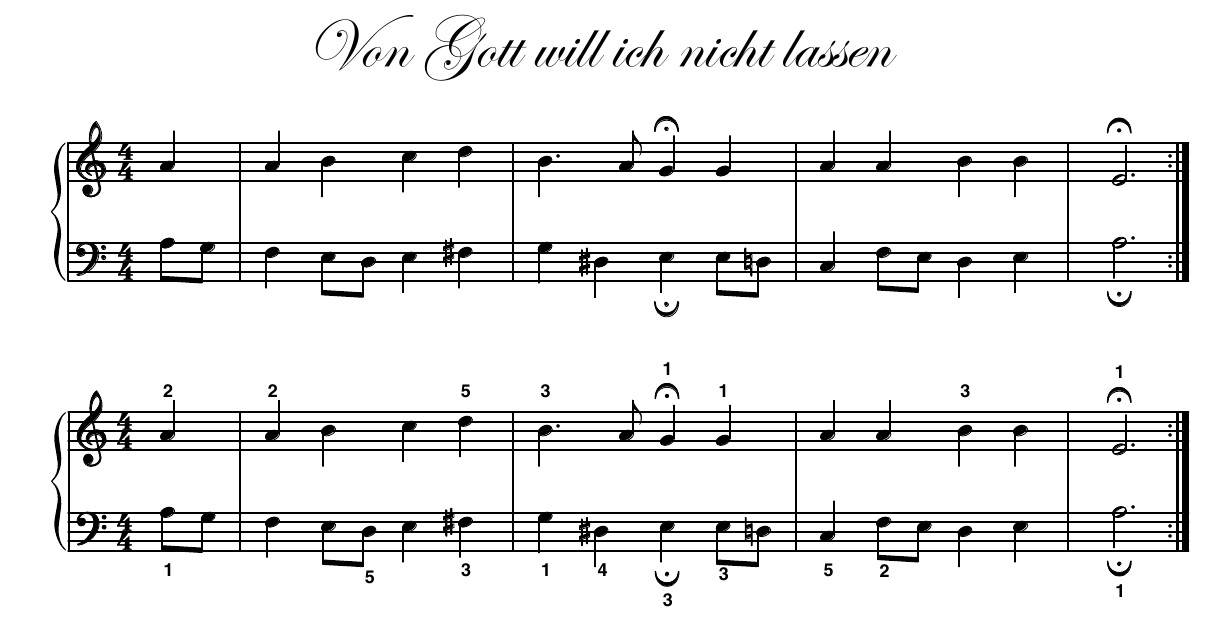 These are the first four bars of Bach's Chorale, Von Gott will ich nicht lassen (BWV 419) , whose text page appears above. The excerpt above shows the un-fingered two-voice version (soprano and bass) while the excerpt below shows the same bars with fingering. All works in the Hymn & Chorale Project present two-voice versions with and without fingering each on separate pages. 