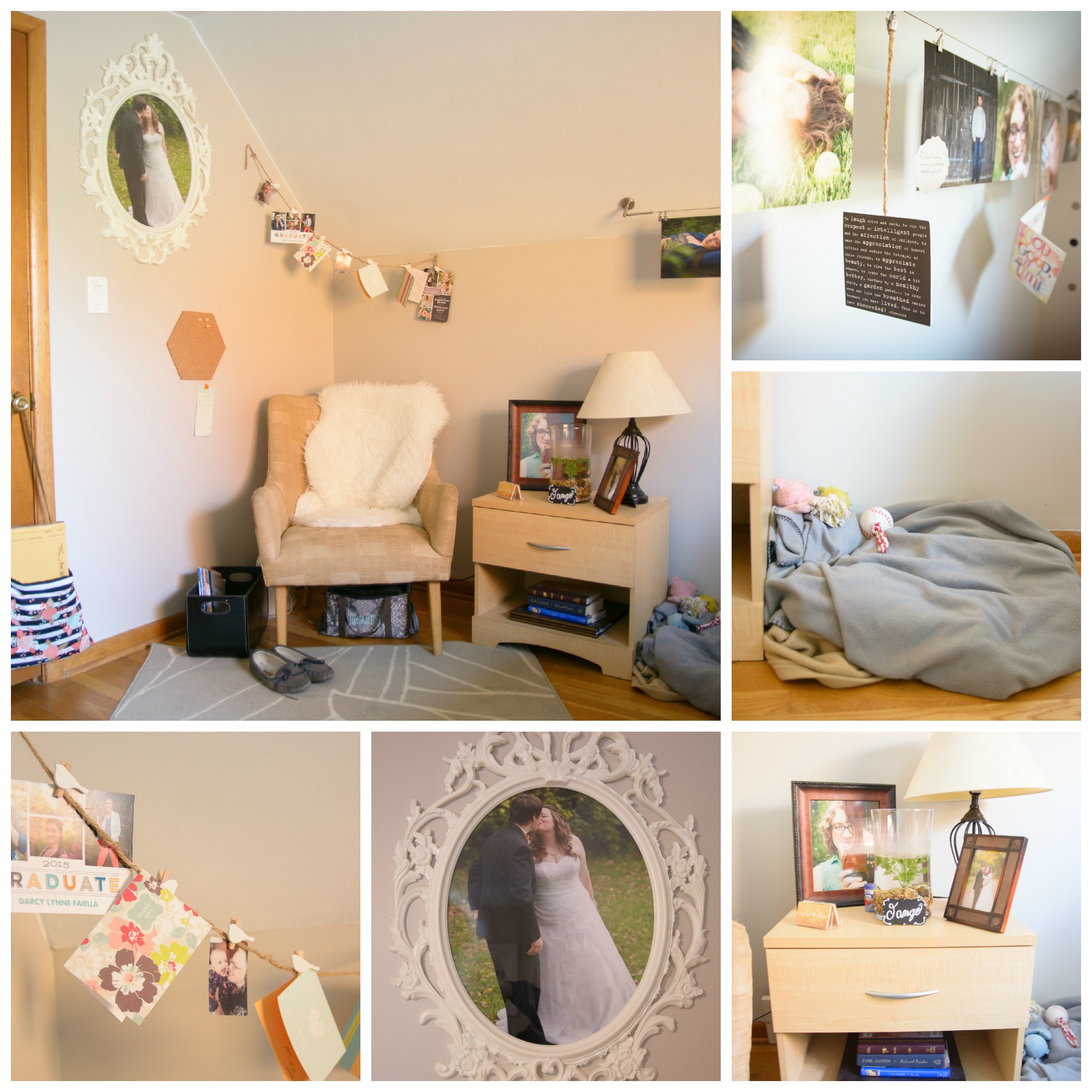 Right next to the door as you walk in I have my chair where I have my TAWG. I have thank you notes from my awesome clients and a picture from my wedding. There is also a place for Tirzah to sleep and on the end table is Tango the betta fish!