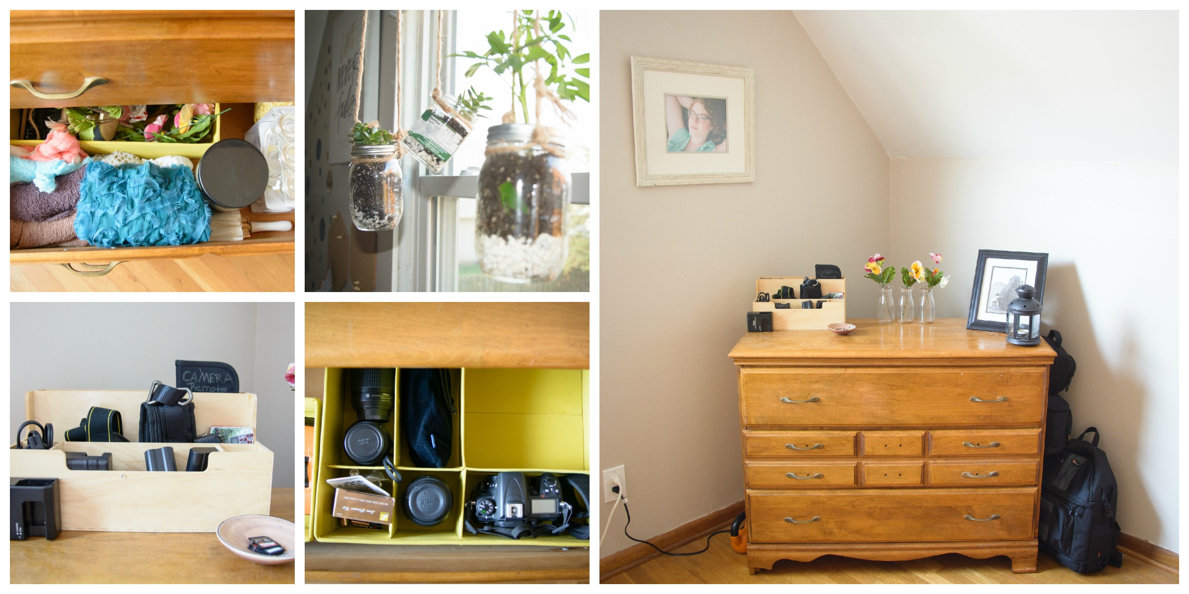 This is where I store all my photography equipment and some props. I also used some old glass jars as planters... a little something I found on pinterest :)