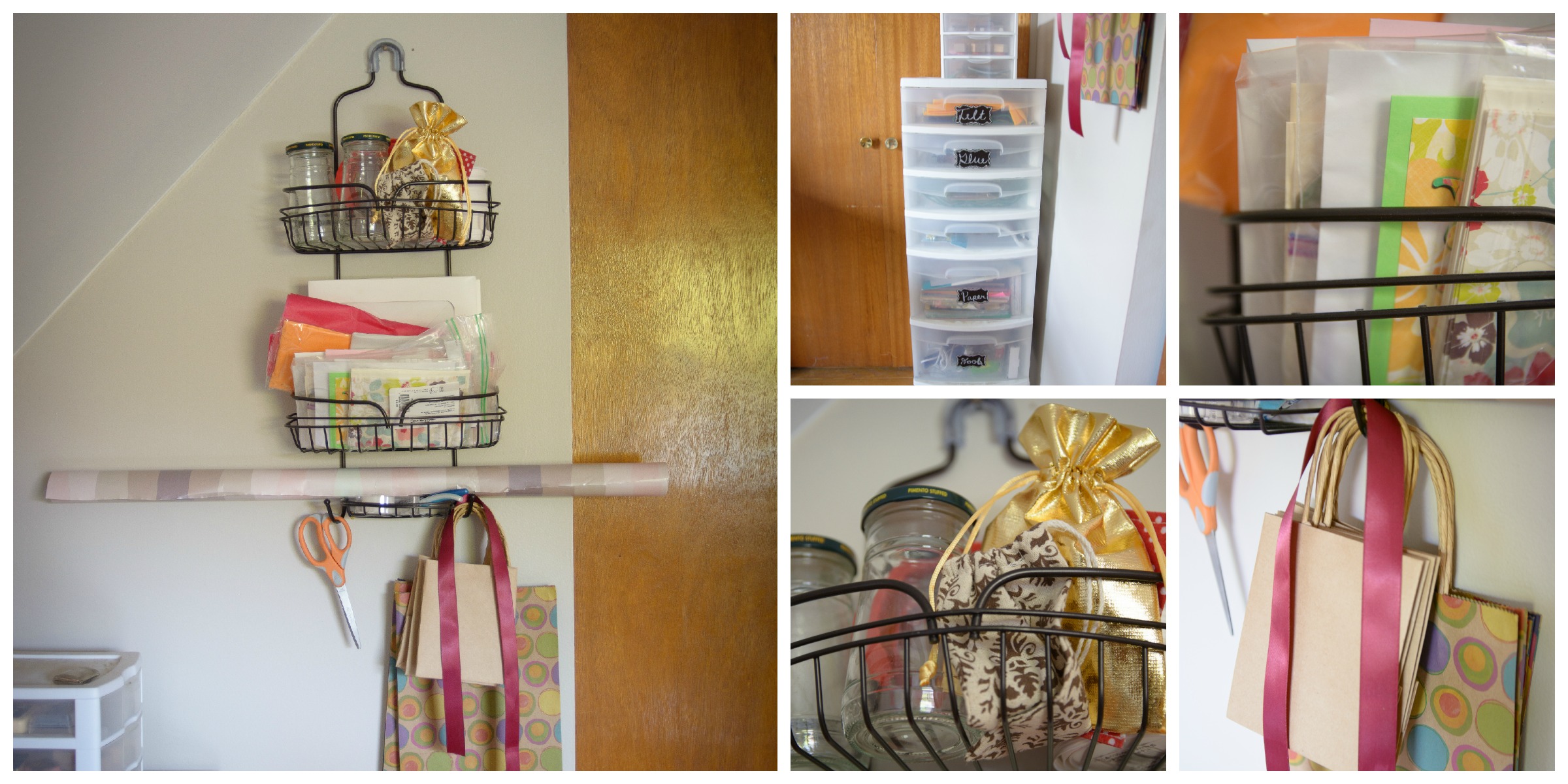 I have a gift wrapping station that holds cards, tissue paper, tape, and accessories.