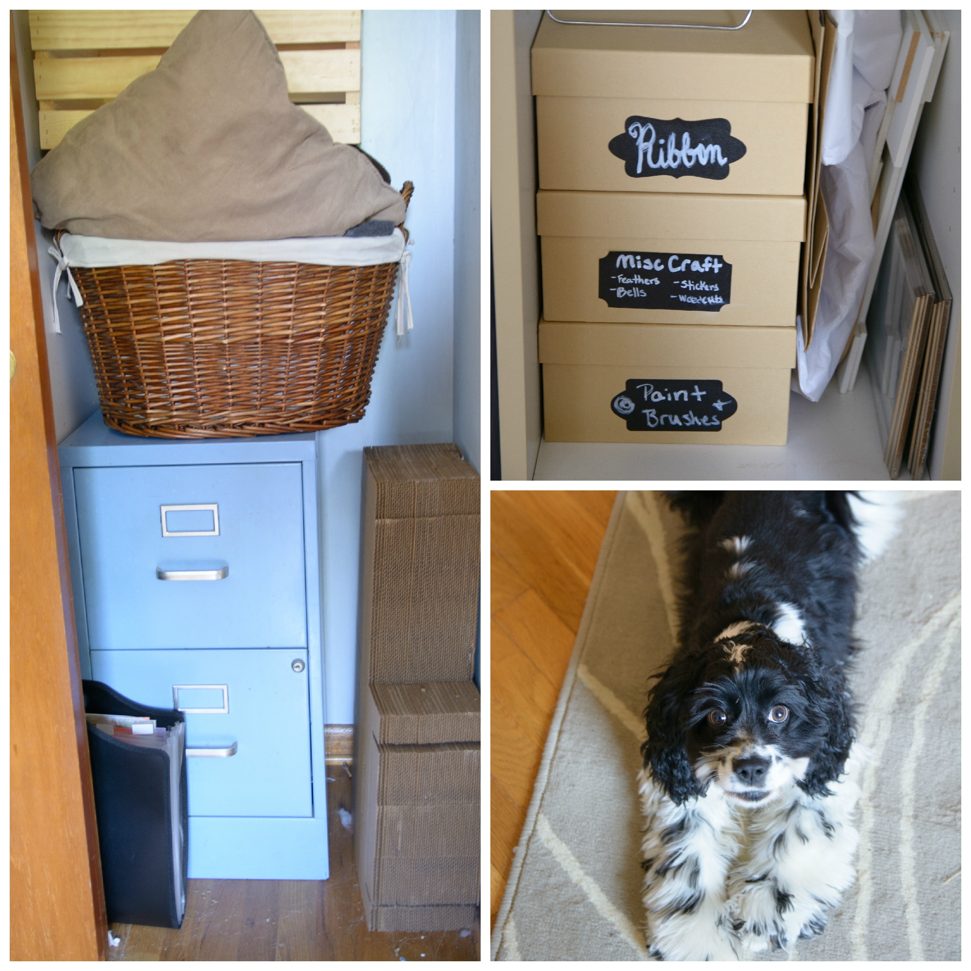 The closet holds some more craft supplies and the larger photography props. Tirzah is also a frequent visitor of my creative space!