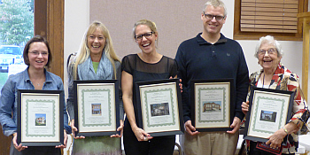 from the web page of AM1050 and 106.1 WTCA They are, (from left to right) Anna Gilsinger for restoration and preservation of the Arnold House in Bourbon, Ann Davis for restoration of the facade of Harriet’s Closet in Plymouth, Lindsey Pick with Culver’s Old East Shore LLC on the Vonnegut Cottage restoration, Jeff Kenney for his role in preserving and promoting the history of Culver and Lake Maxinkuckee and Phyllis Schoonover for the Norris Farm-Maxinkuckee Orchard restoration. The final Daniel McDonald award winner was Calvin Bailey for his efforts to restore the Mobilgas Station on West Jefferson Street in Plymouth, who was unable to attend.