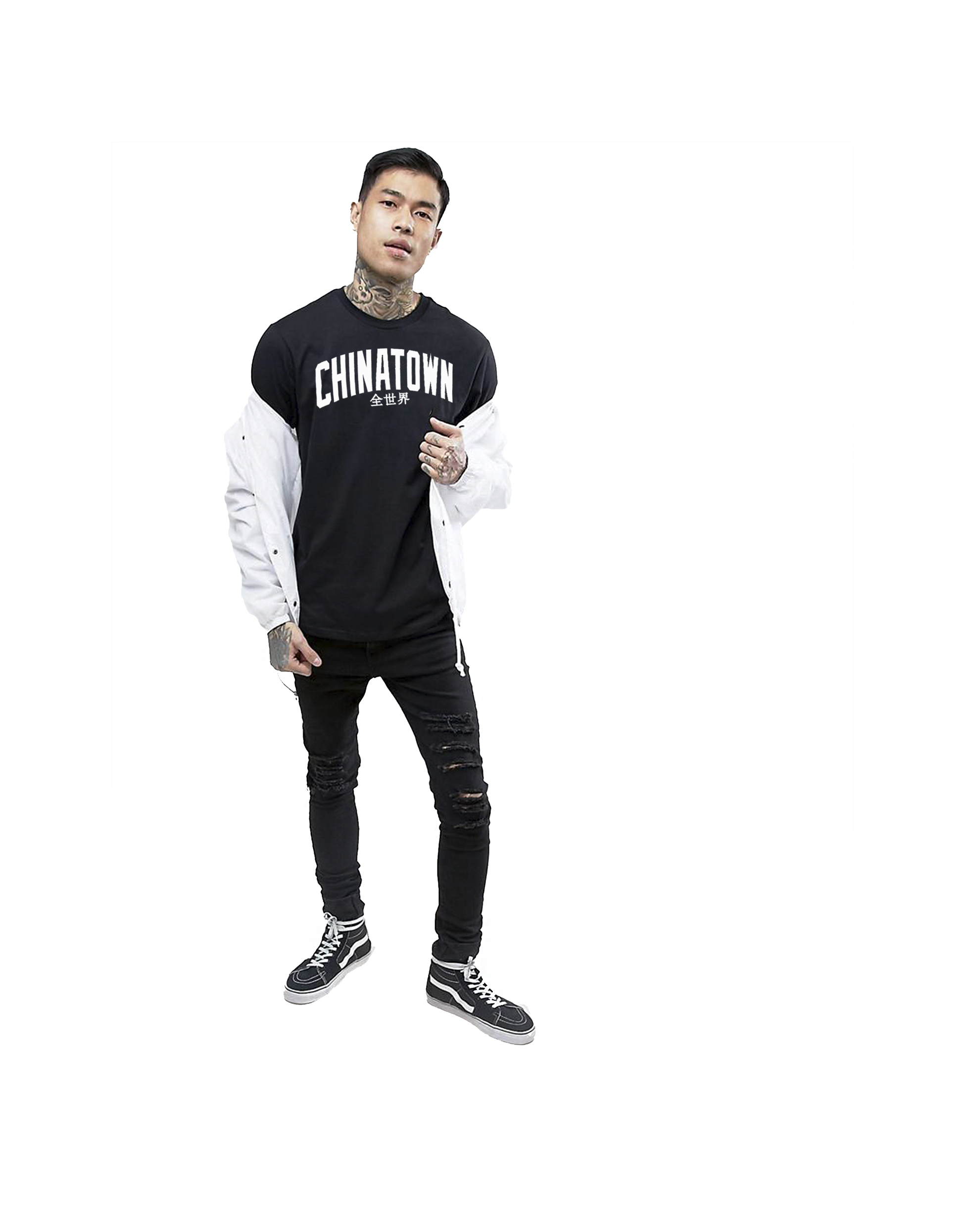 Sky Oak Co_CHINATOWN_Around_the_World_tee_black_white_model_front.png