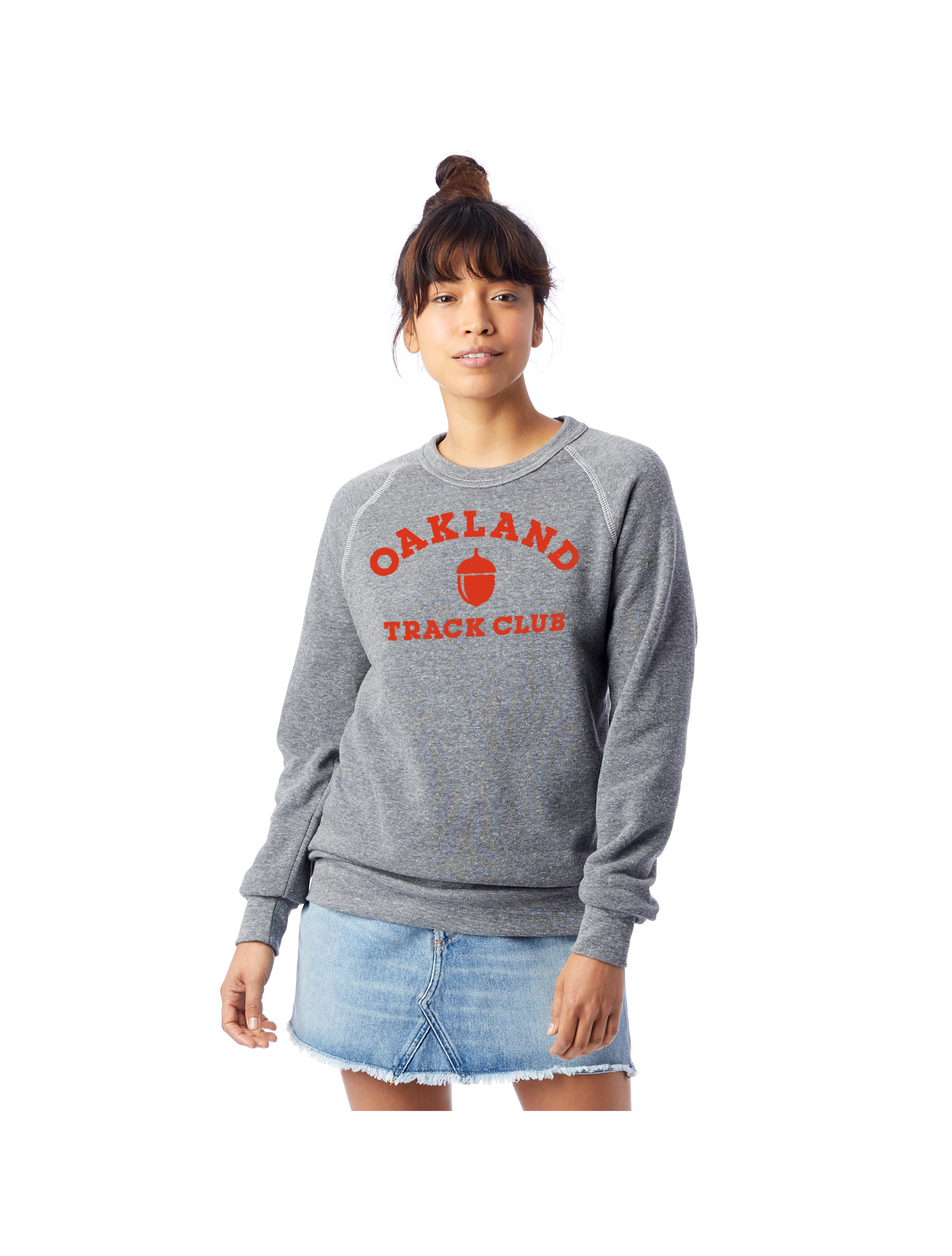 Sky_Oak_Co_Oakland_Track_Club_crewneck_athletic_grey_scarlet_unisex_front_woman_model.png