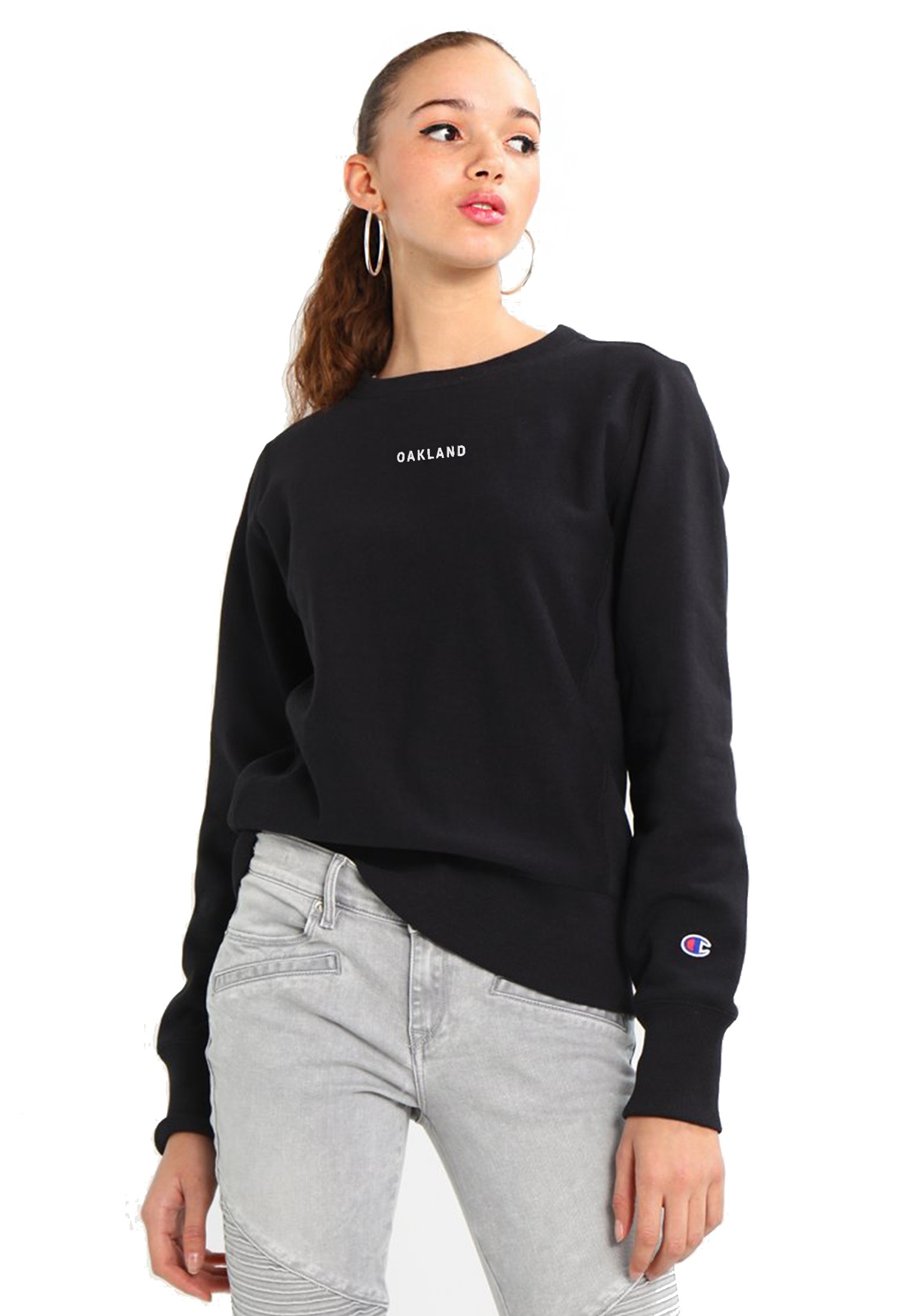 Sky Oak Co_THE BAY_Champion_black_reverse_weave_sweatshirt_woman_model_front_cover.png