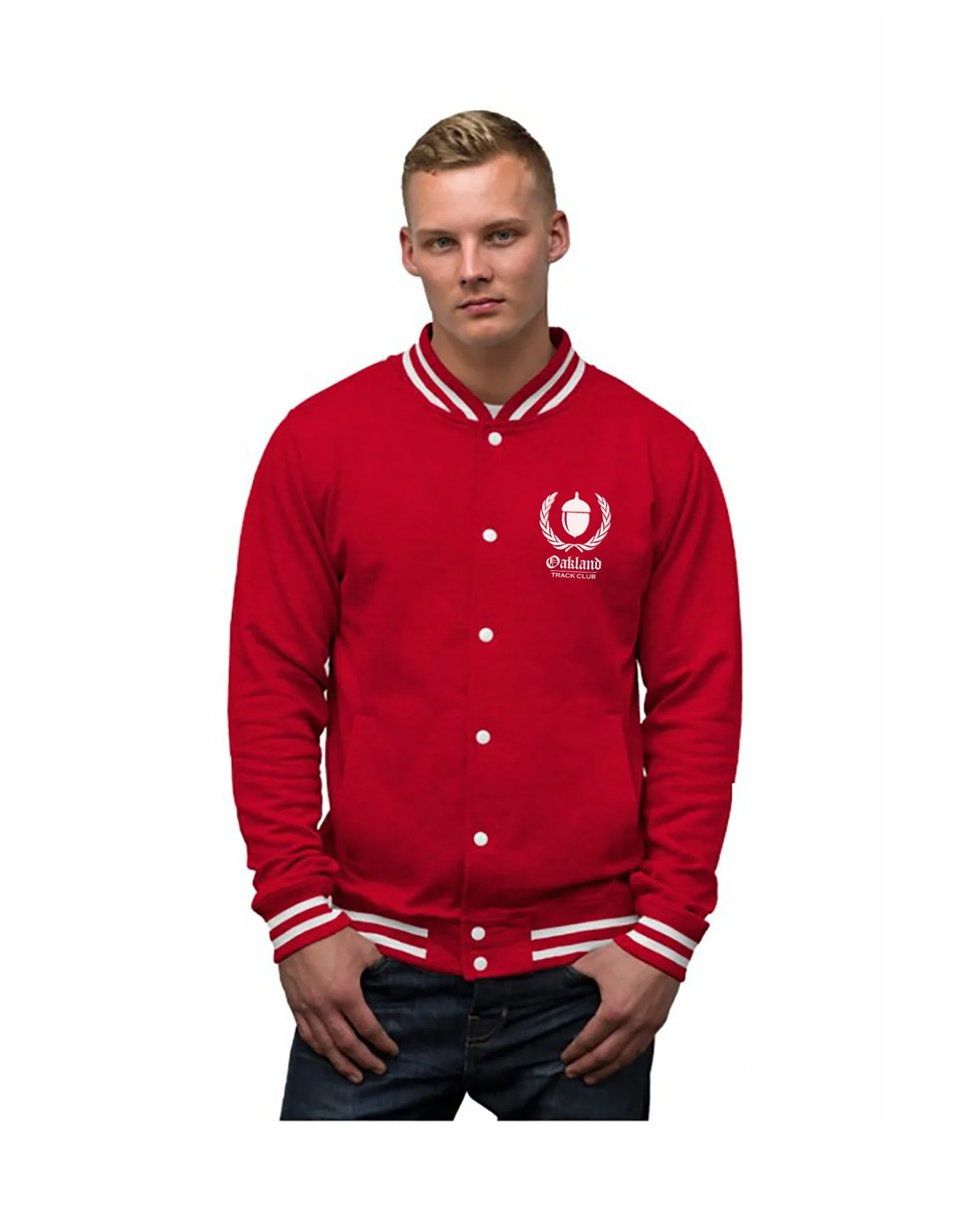 Sky_Oak_Co_Oakland_Track_Club_varsity_college_red_jacket_unisex_front_male_model.jpg