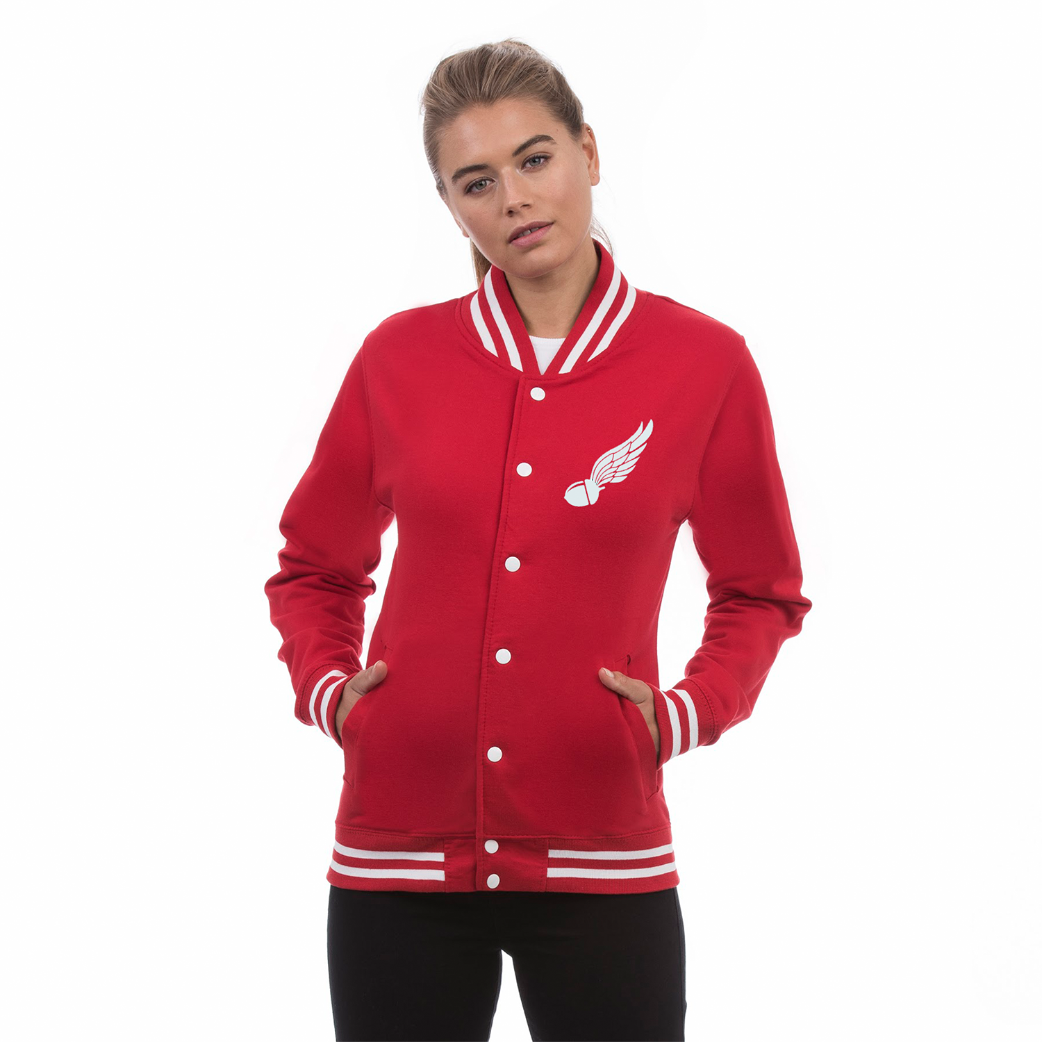 Sky_Oak_Co_Oakland_Track_Club_varsity_college_red_jacket_unisex_front_woman_model_acorn.png
