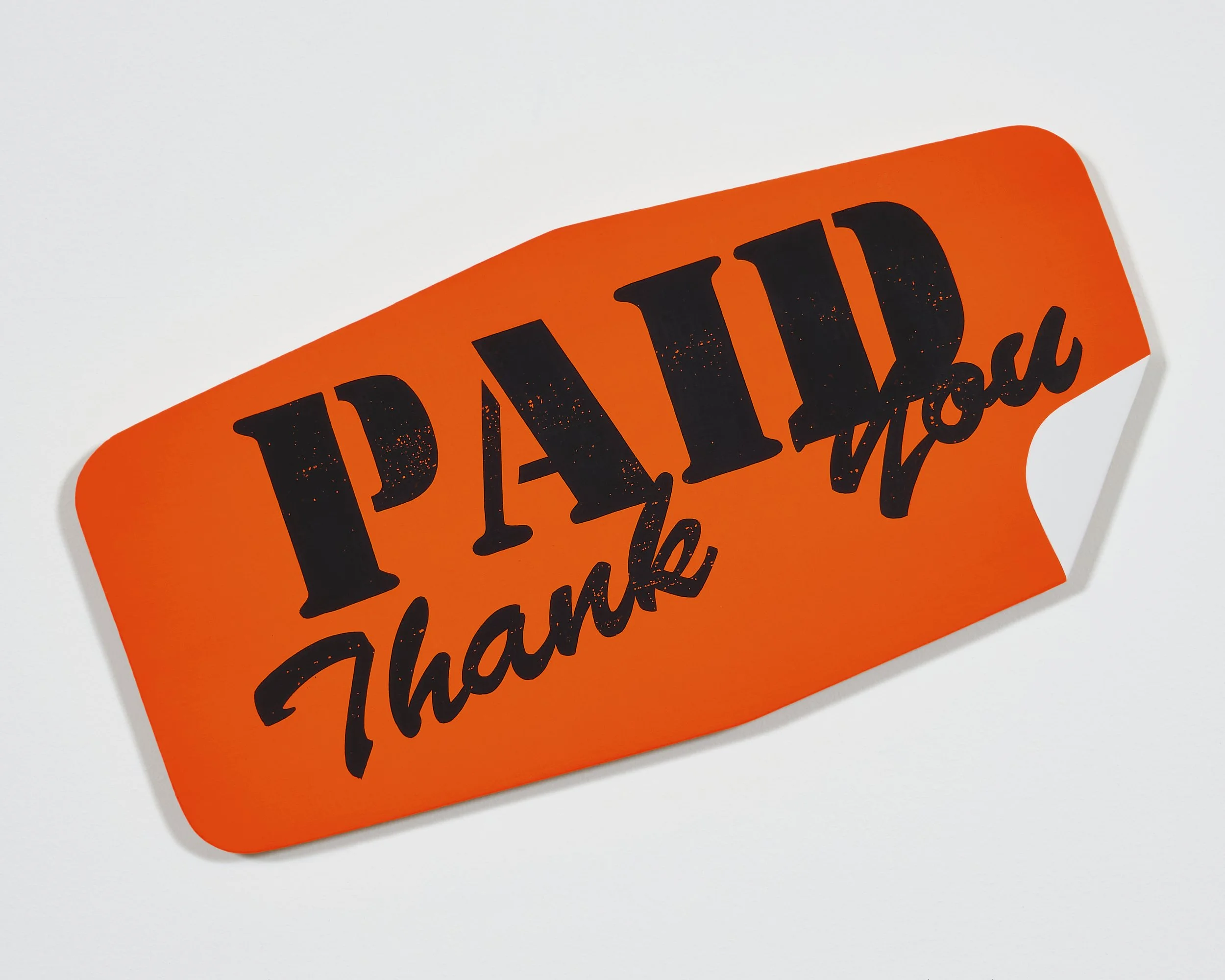 Untitled (My orange paid sticker makes the world go round), 2026
Acrylic, gouache and flashe on linen over shaped panel
8 x 16 inches