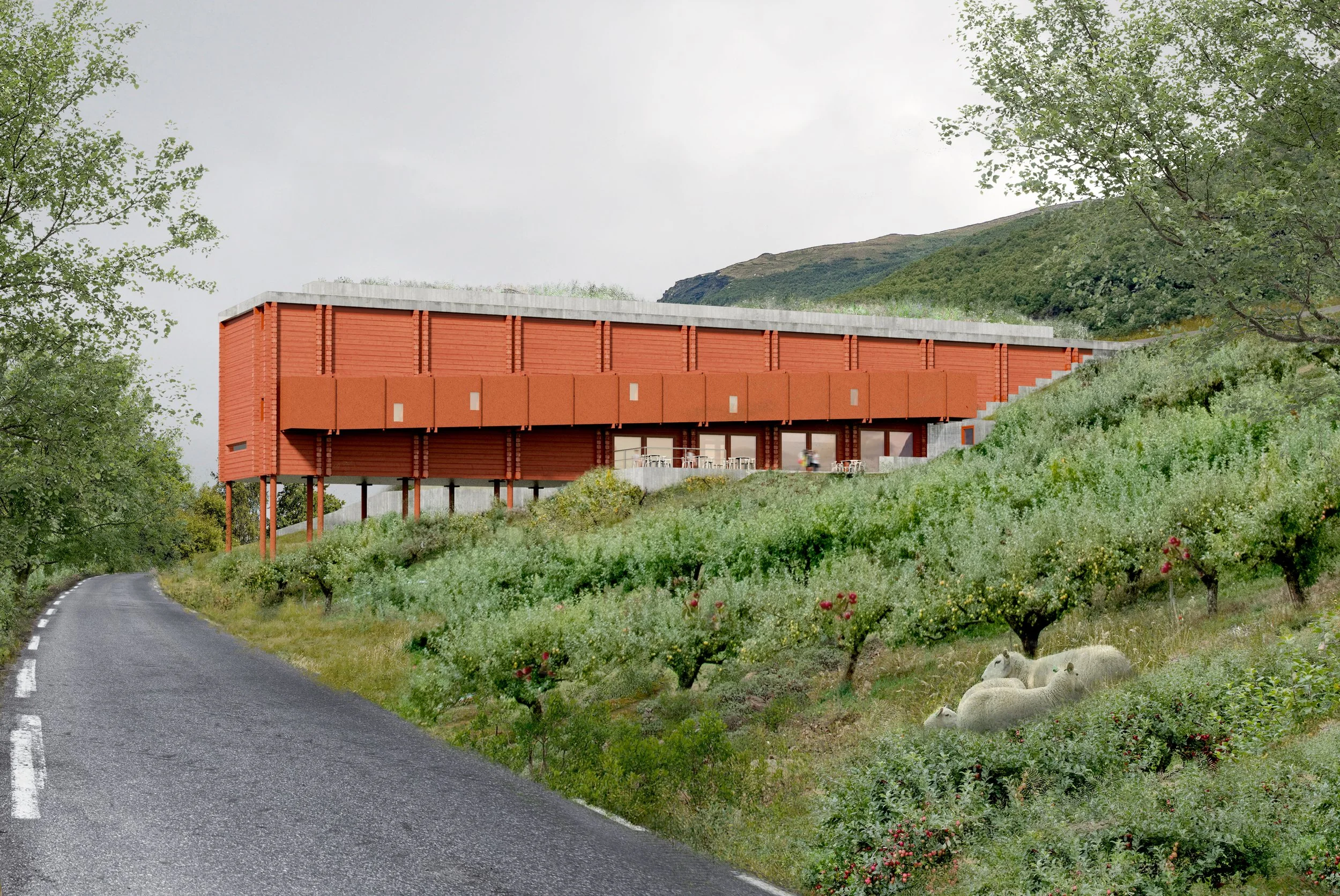 Sørsiden av verdensarvsenteret, sett fra veien under
