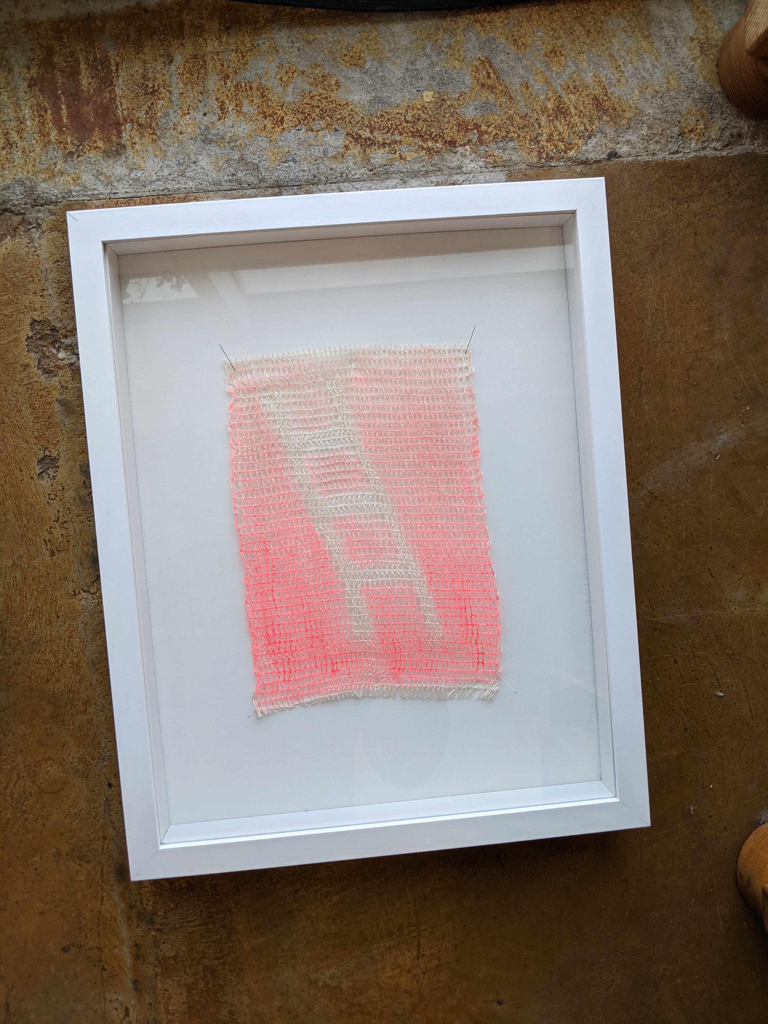  ladder (fire) hand woven gauze; linen and gouache 8 in x 6 in (frame 15 in x 12 in) 2020 