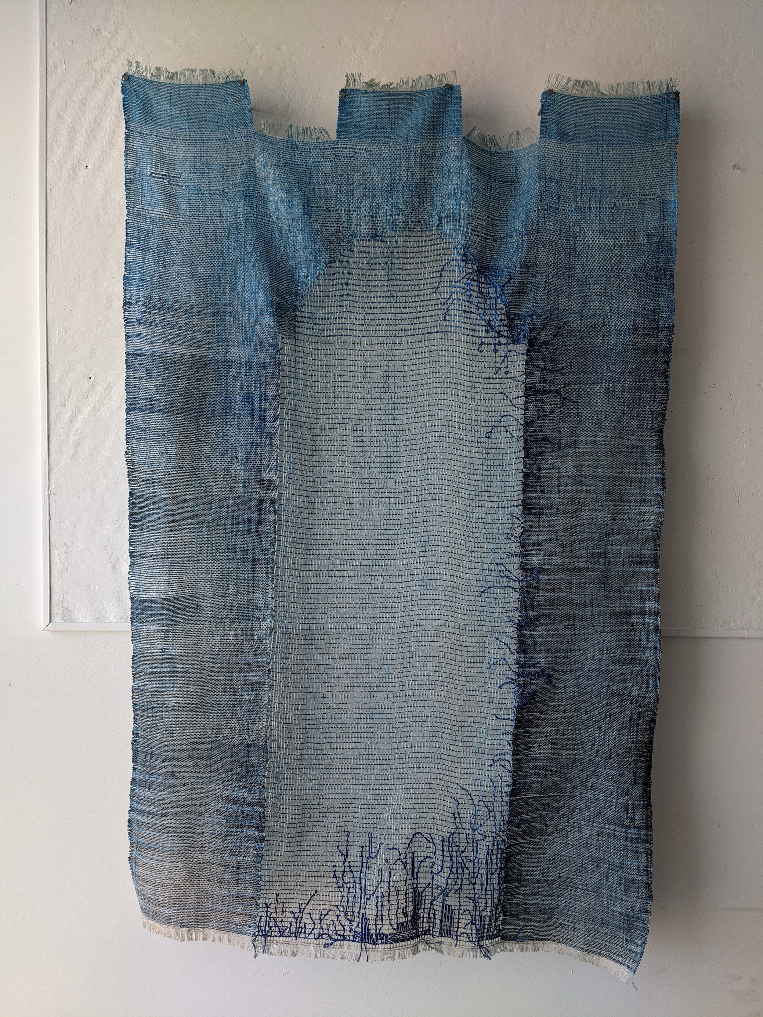  blue tower hand woven gauze; painted linen, cotton, and silk. 54 in x 34 in 2021 