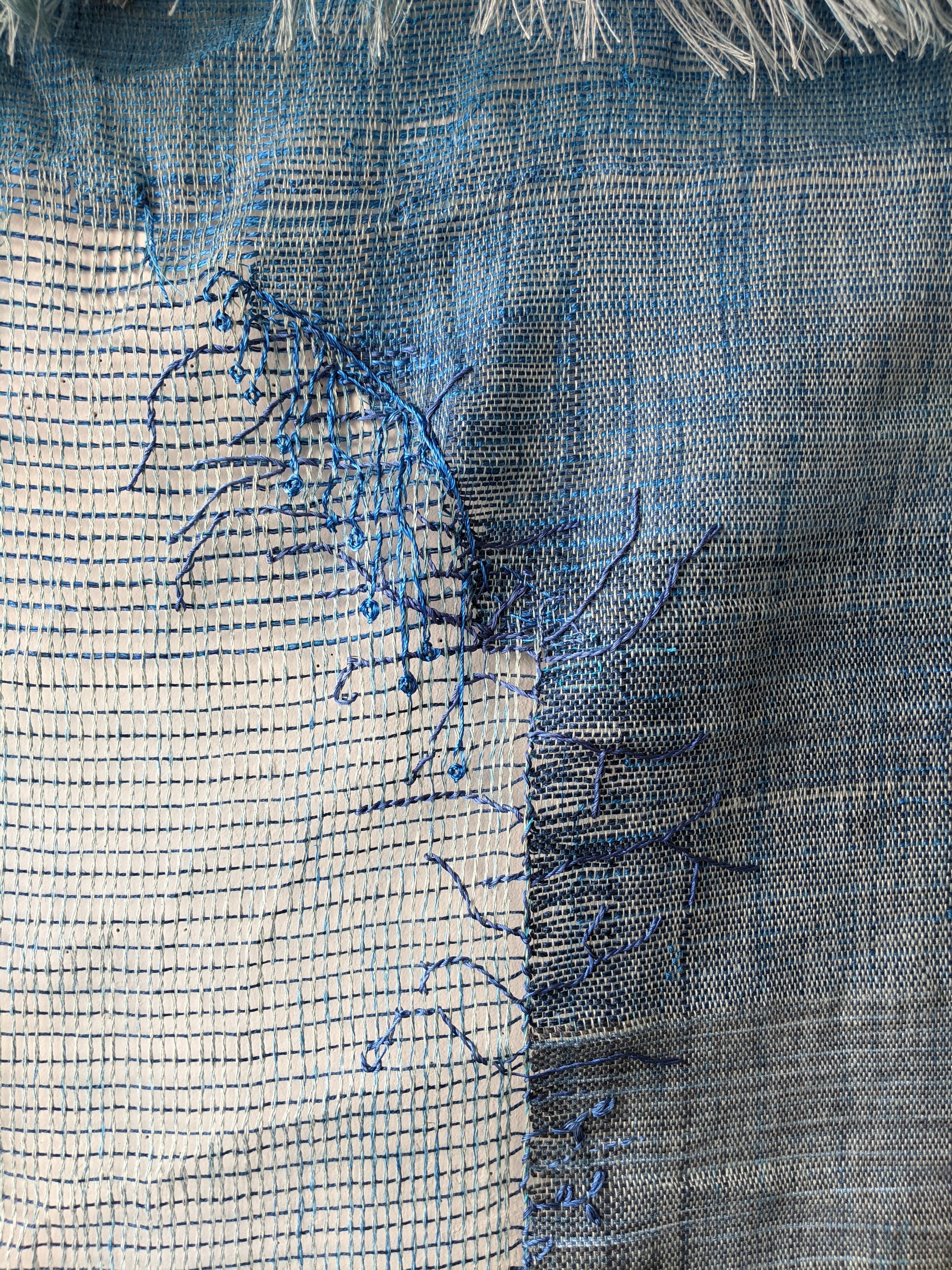  blue tower [detail] hand woven gauze; painted linen, cotton, and silk. 54 in x 34 in 2021 