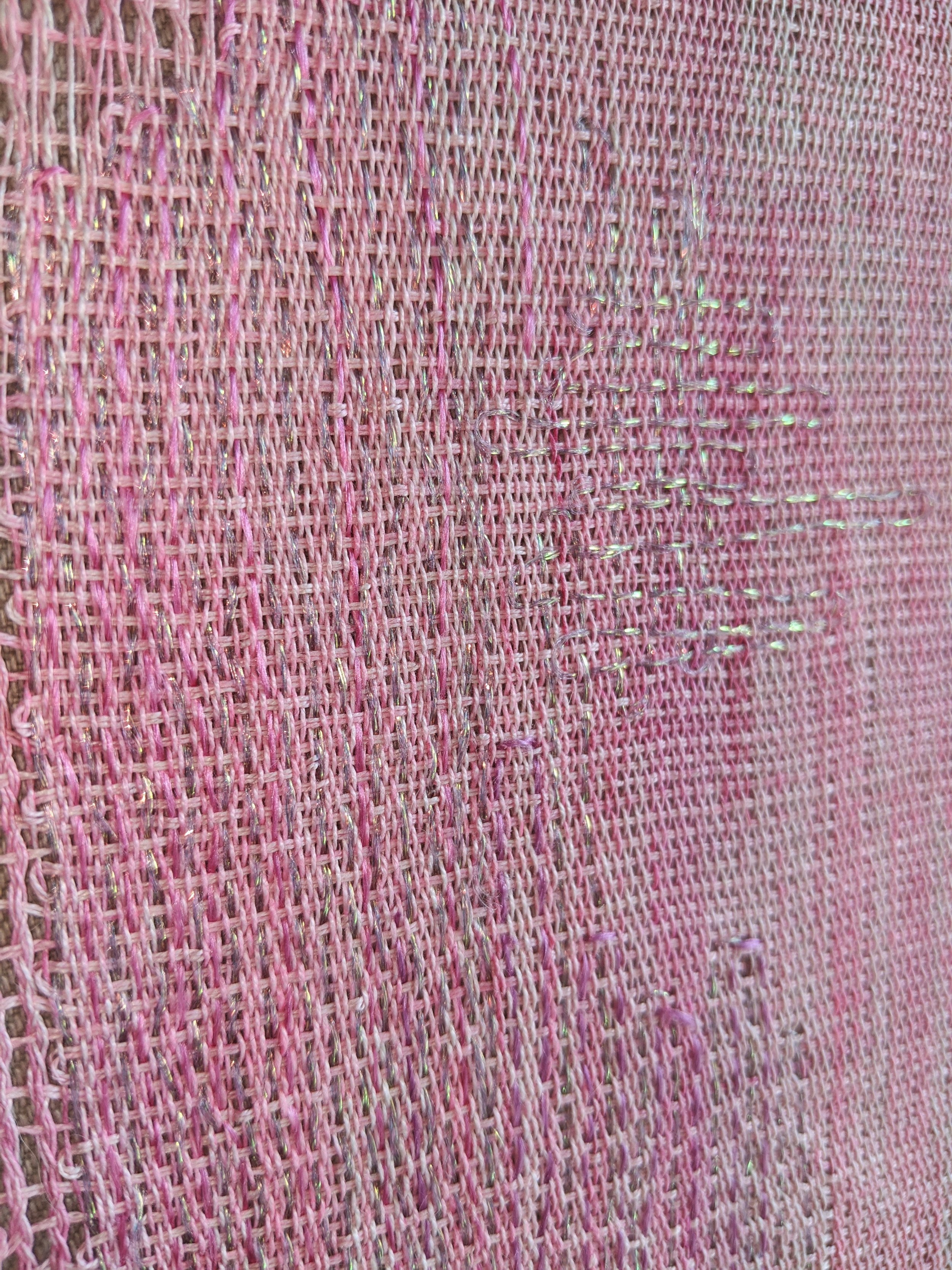  window/door/entrance/exit [detail] hand woven gauze; cotton, watercolor, iridescent embroidery thread  19 in x 10 in 2020  