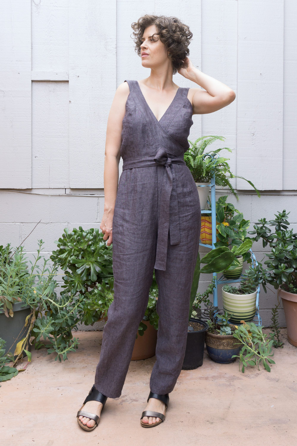 v neck linen jumpsuit