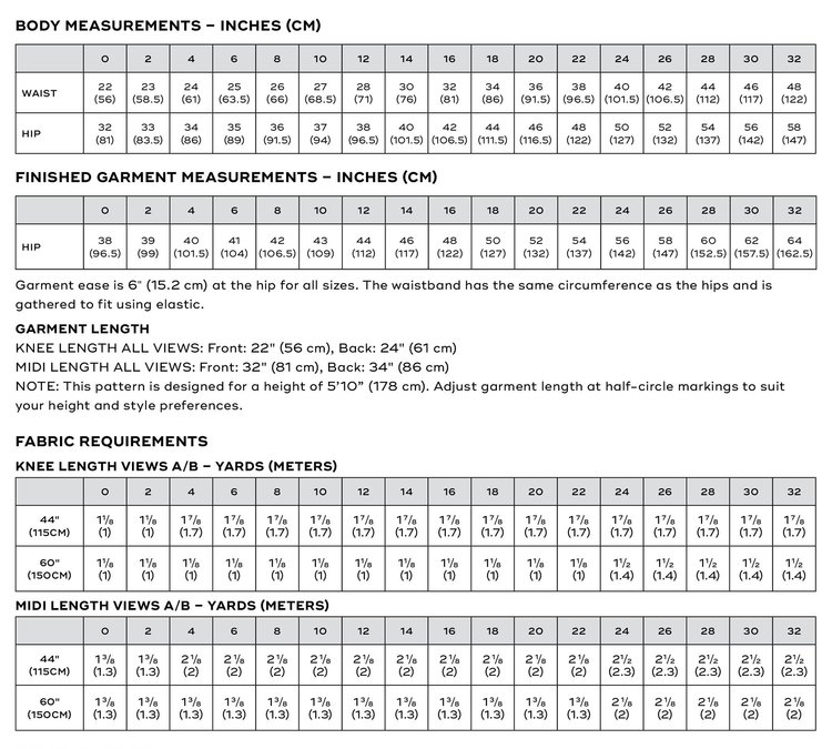 Lela Skirt sewing pattern charts