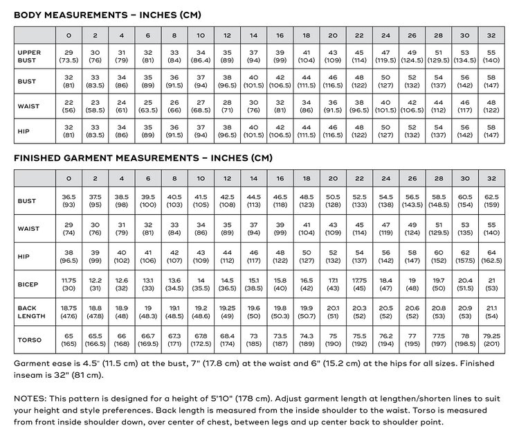 Dana Jumpsuit PDF pattern size chart