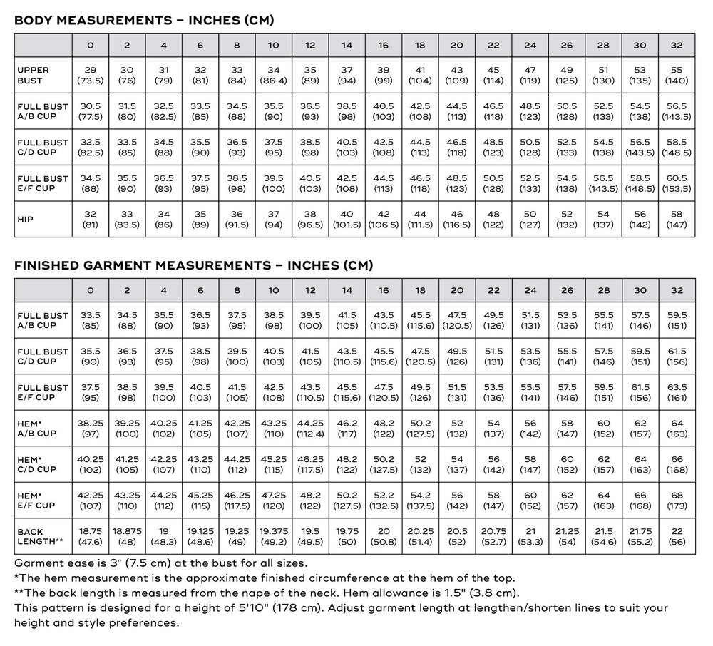 Miri Tank Sewing Pattern Size Chart