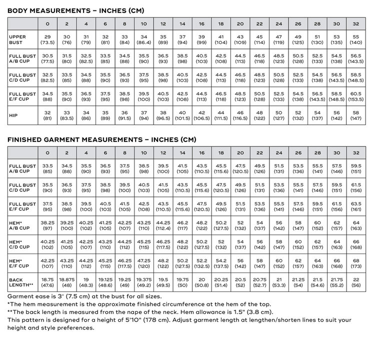 Size chart for Miri Tank Top PDF Sewing Pattern by Sew DIY