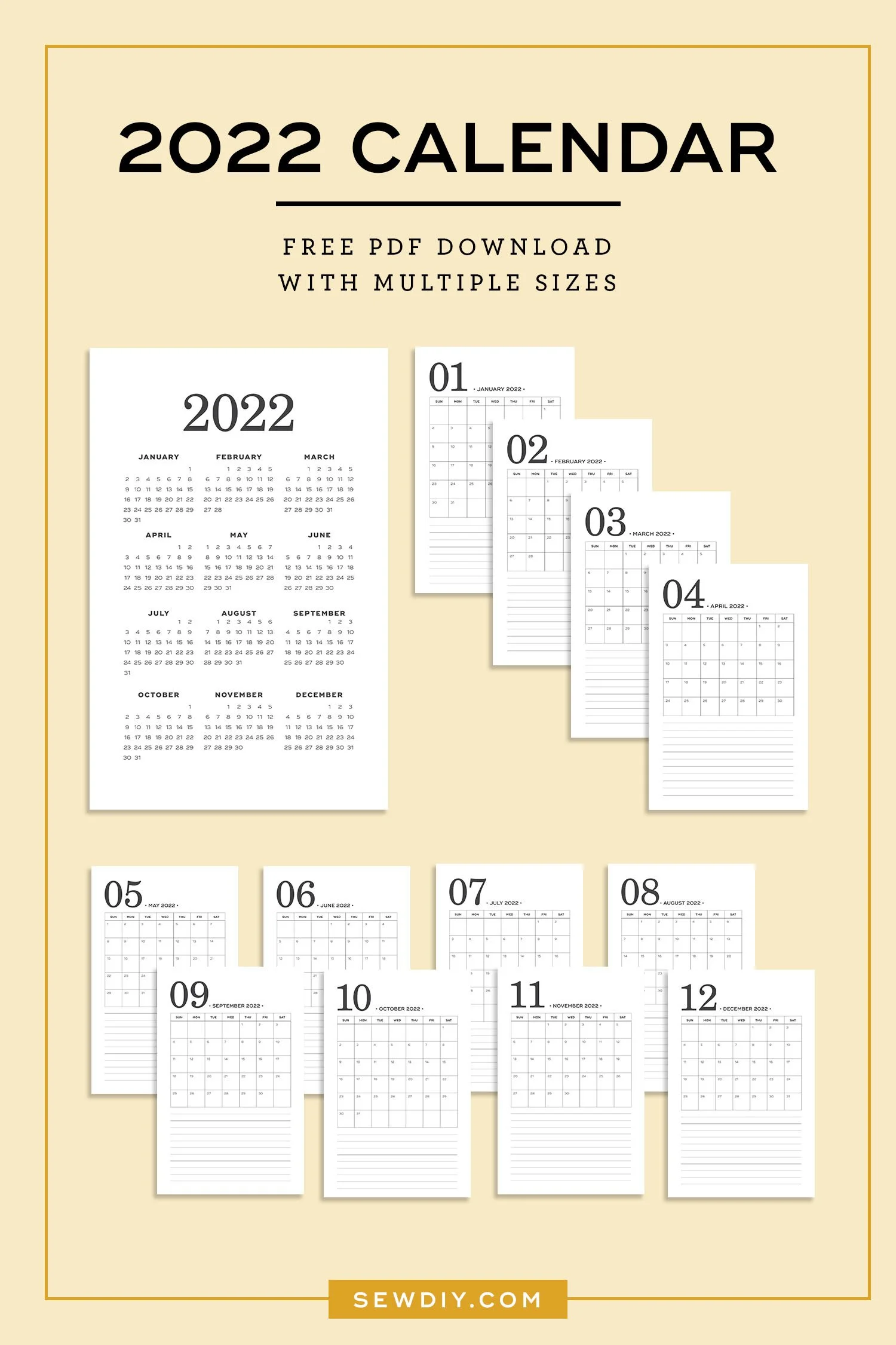 Free Printable 2022 Monthly Calendar — Sew DIY