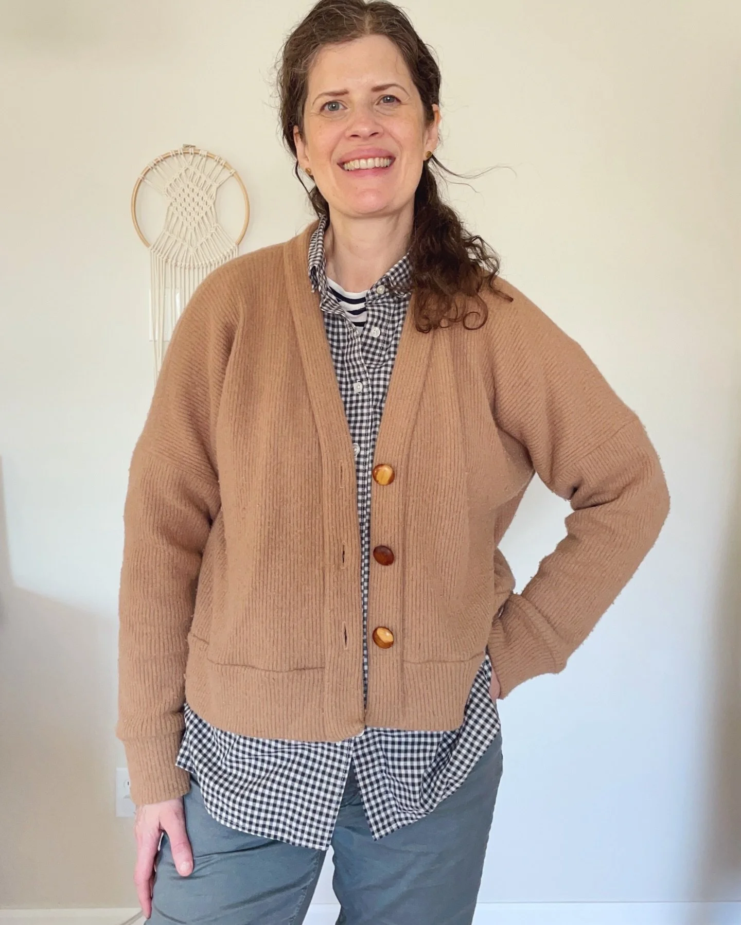 Day 2 #memademay2026 🥳 First outfit of the day was a self drafted cardigan (blogged on my Substack) with a check button down made using Stretch &amp; Sew 1504. Outfit 2 features the #willametteshirt by @heyjunehandmade 

My project of the day was re