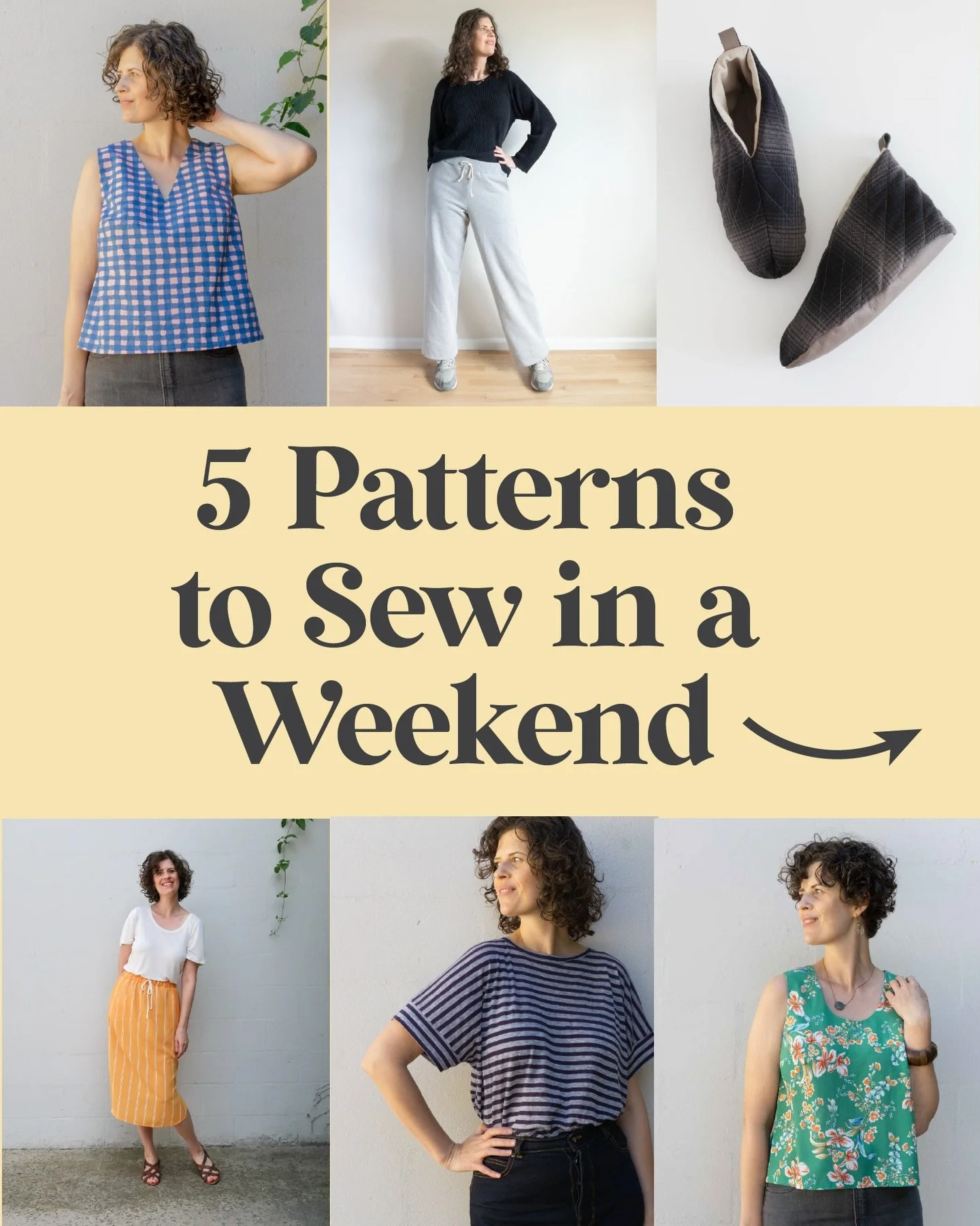 Are you looking for something to sew this long weekend? Swipe thru for my 5 favorite quick to sew patterns. 👉

1. Jodi Wide Leg Knit Pants 🧵 The comfiest pair of pants! Sized up to hip measurement 62&rdquo;/157cm.
2. Quilted Slippers ✂️ A fun way t