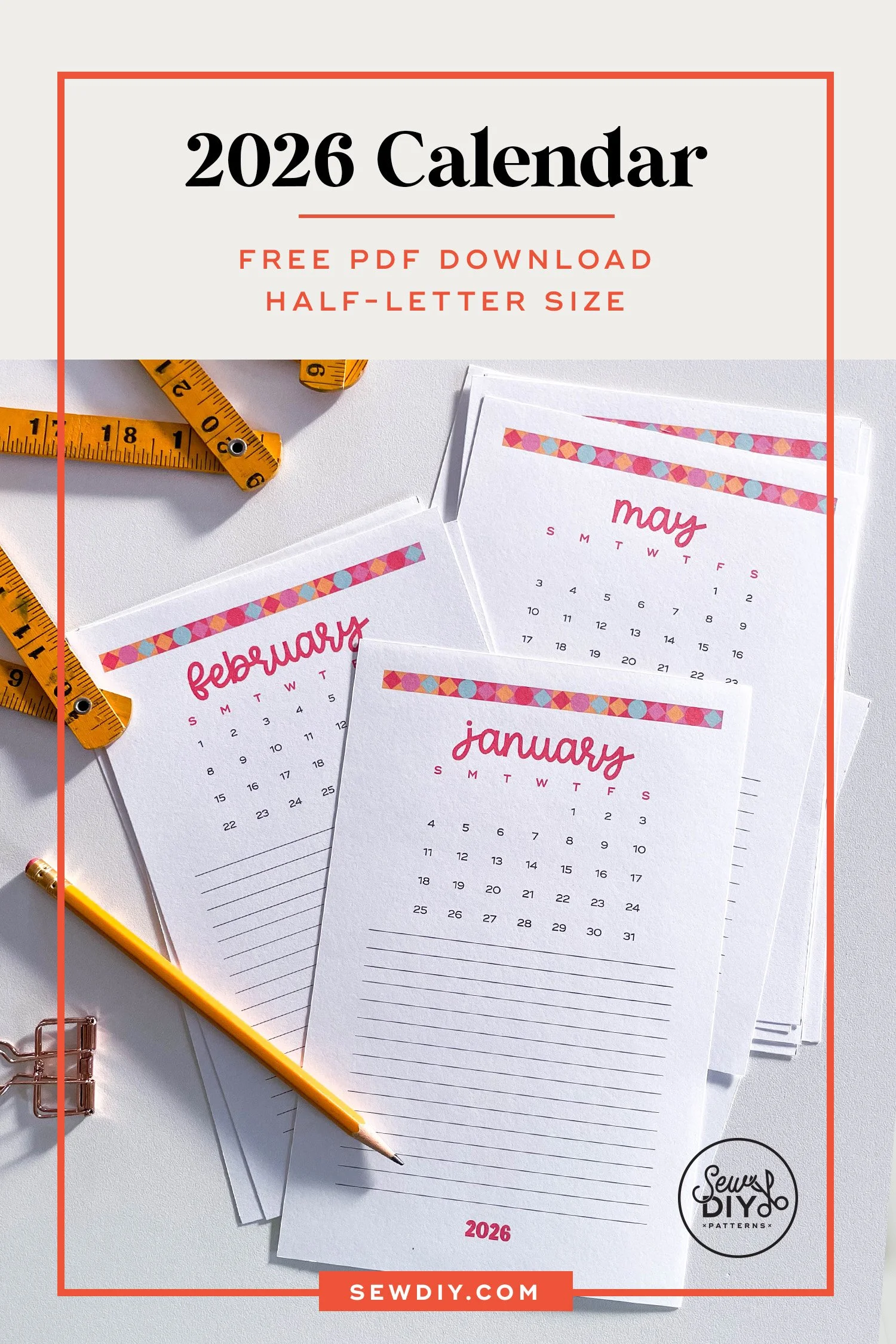 Free Printable 2026 Monthly Calendar — Sew DIY