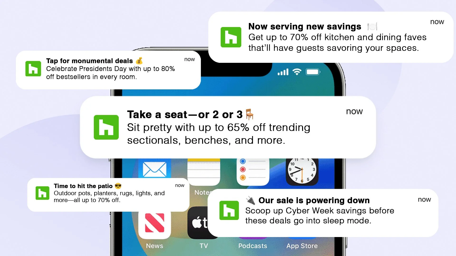  Push notification examples. Each promo email gets one of its own. 