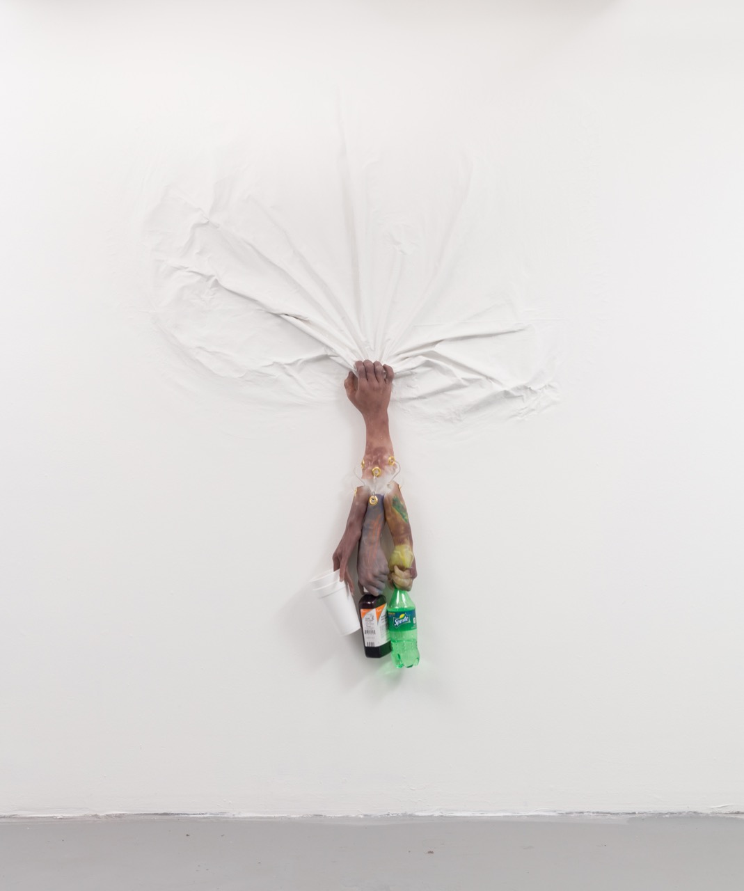   that Actavis pull,  2019  silicone, glass, fabric, Actavis, Sprite, styrofoam 