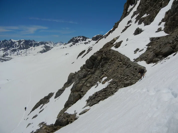 Ascending Pinchot Pass — The trail can be spotted in the upper right; however, the snow cover allows us freedom in choosing the route.