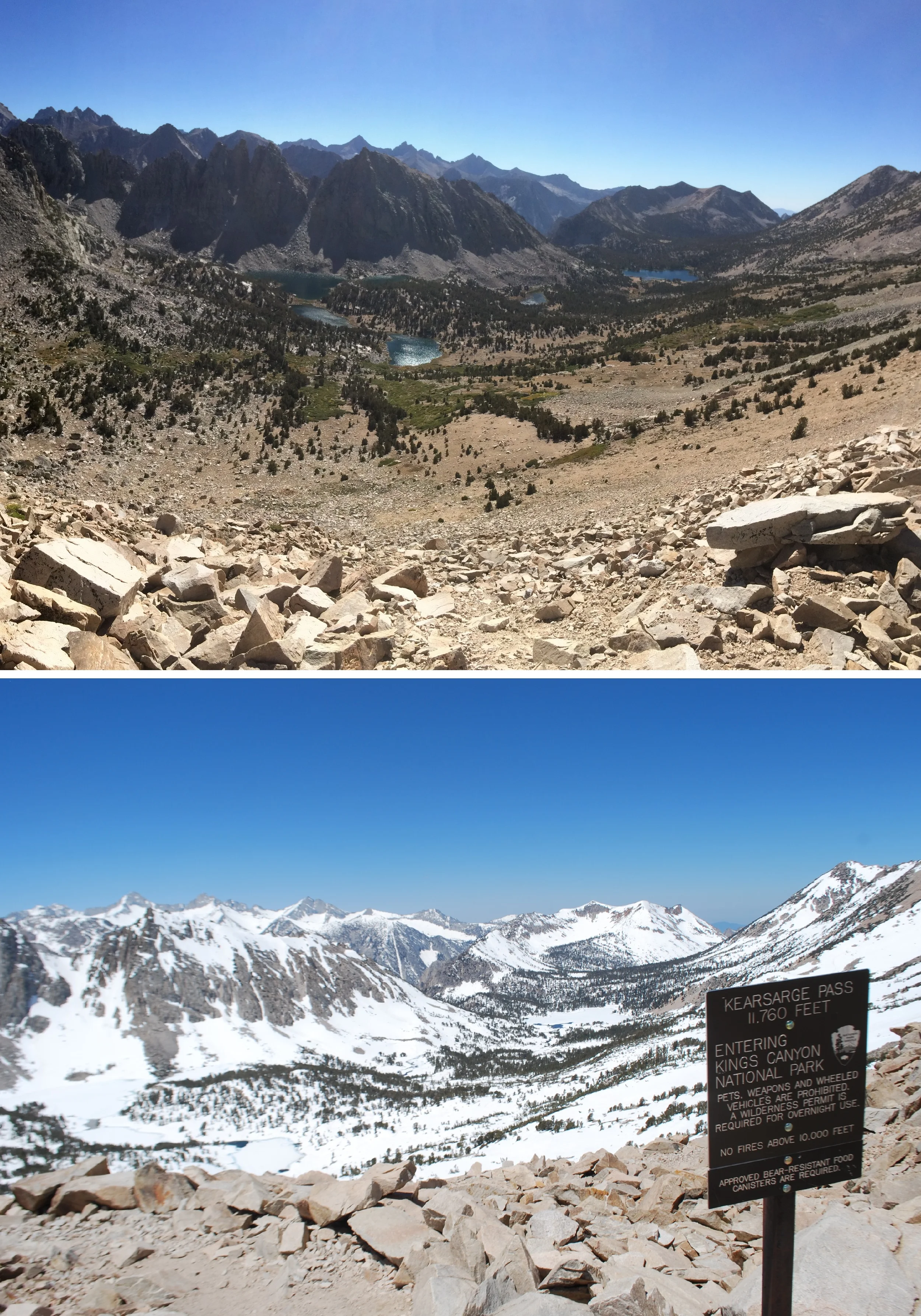 Comparison at Kearsarge Pass in the Sierra Nevada mountains. Top photo taken in summer conditions on August 31, 2014, bottom photo taken June 15, 2011.