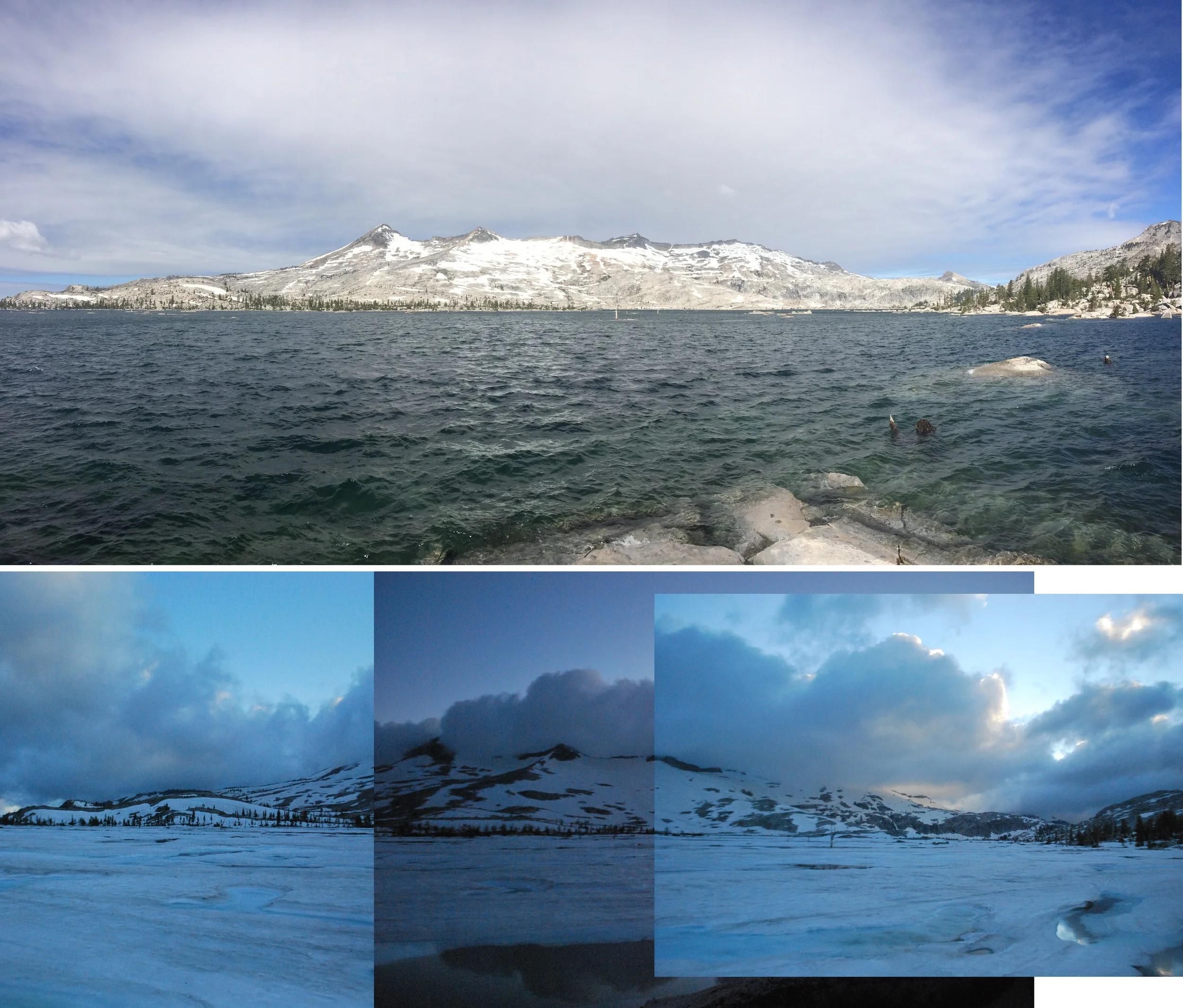 Comparison at Lake Aloha in the northern Sierra Nevada mountains. Top photo taken June 16, 2014, bottom photo taken almost a month later in the summer on July 13, 2011.