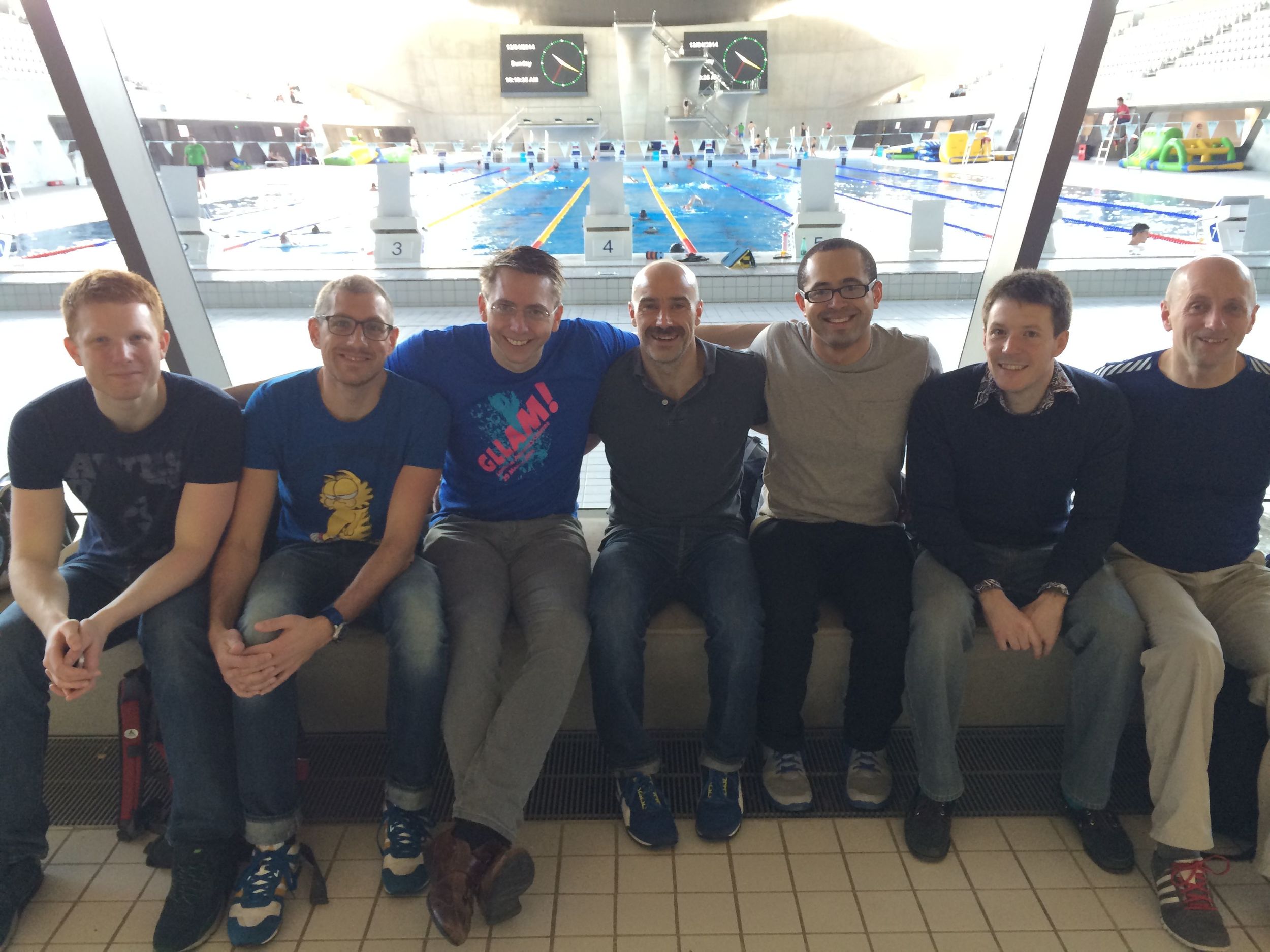 7 of our 12 swimmers - you may just be able to spot the clocks in the distance...