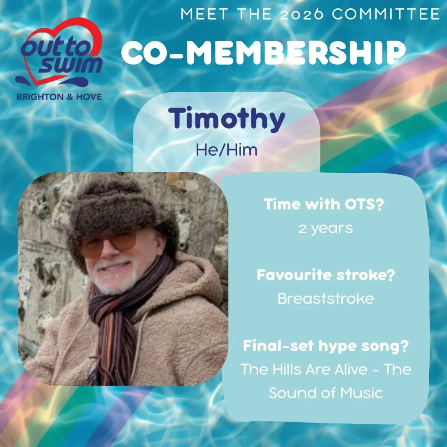 🌈 Next up in our Meet the Committee series is Timothy! 

As our Co-Membership Secretary, Timothy helps keep our club connected and welcoming. He works closely with LB to support members at every stage, from first enquiry to regular swim sessions. 

