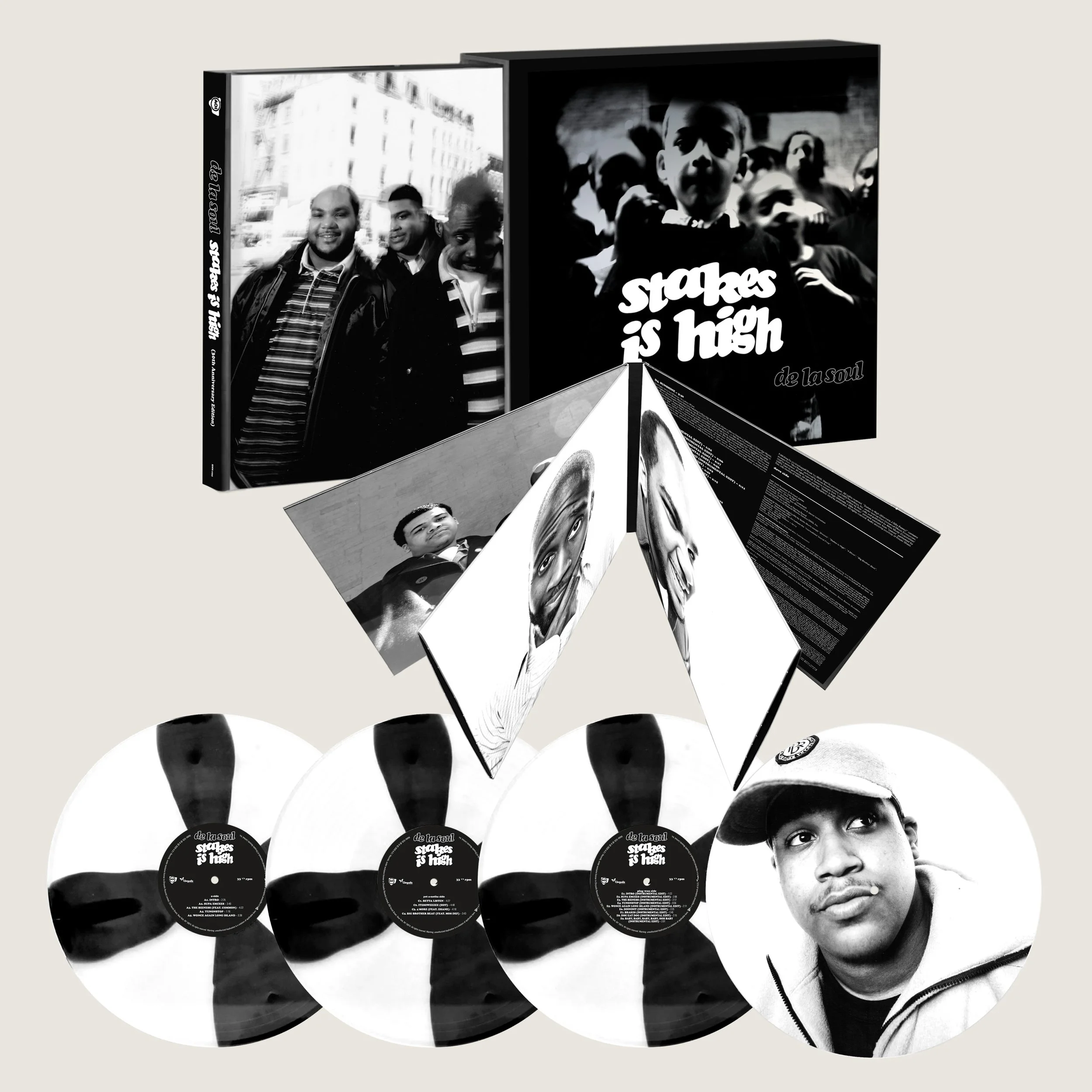 De La Soul: 'Stakes Is High' 30th Anniversary 4xLP, on spoked B&W vinyl. Includes book & print of Dave "Trugoy the Dove" Jolicoeur. Due 23rd October.