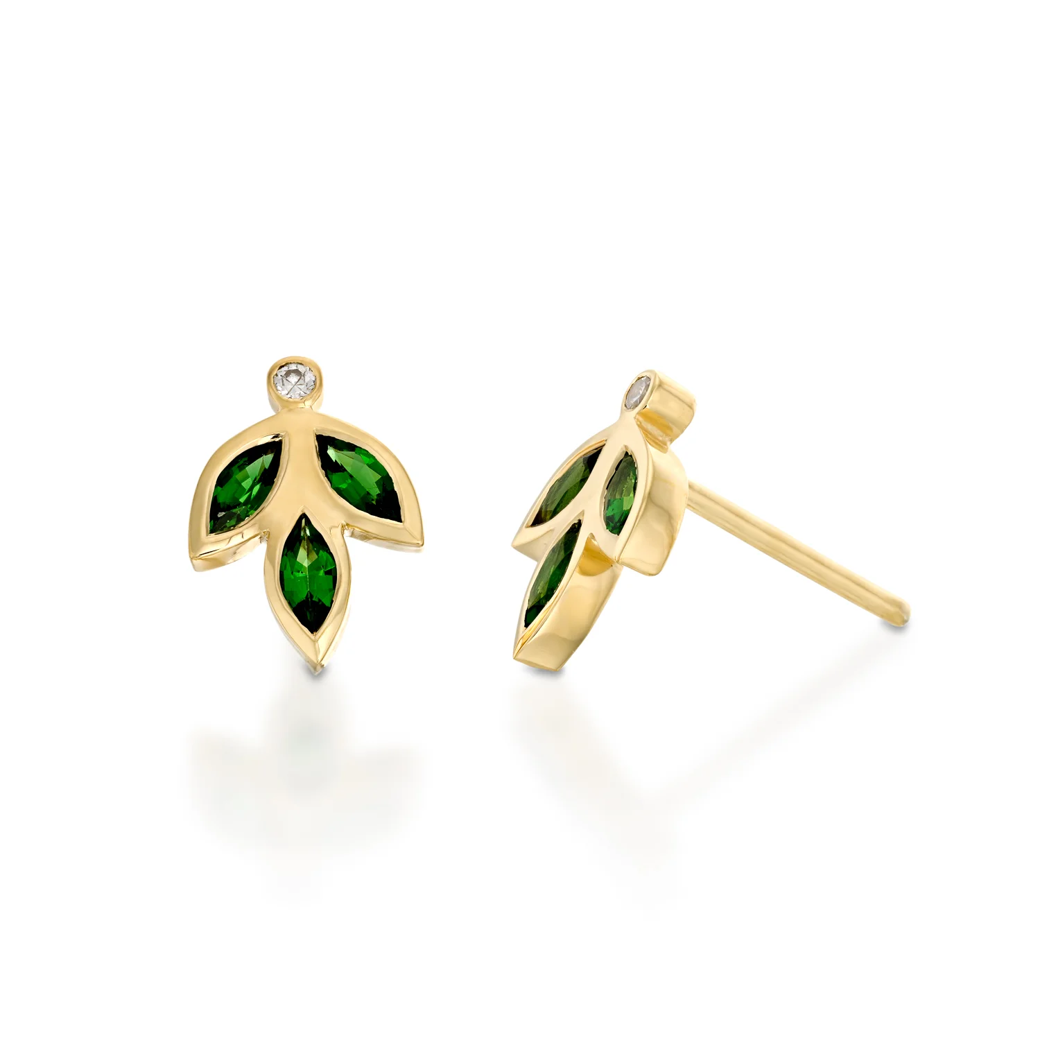 Leaf Earring Studs in 18k yellow gold with chrome tourmaline and diamonds