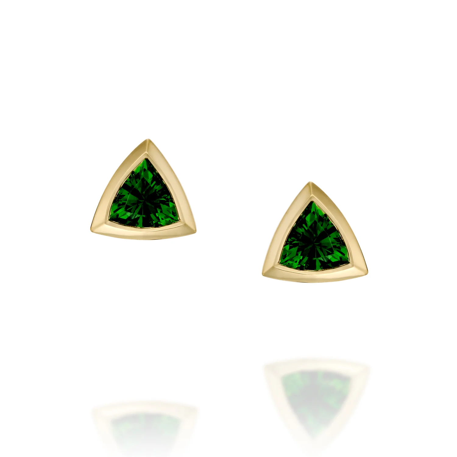 Trillion Studs in 18k yellow gold with chrome tourmaline front