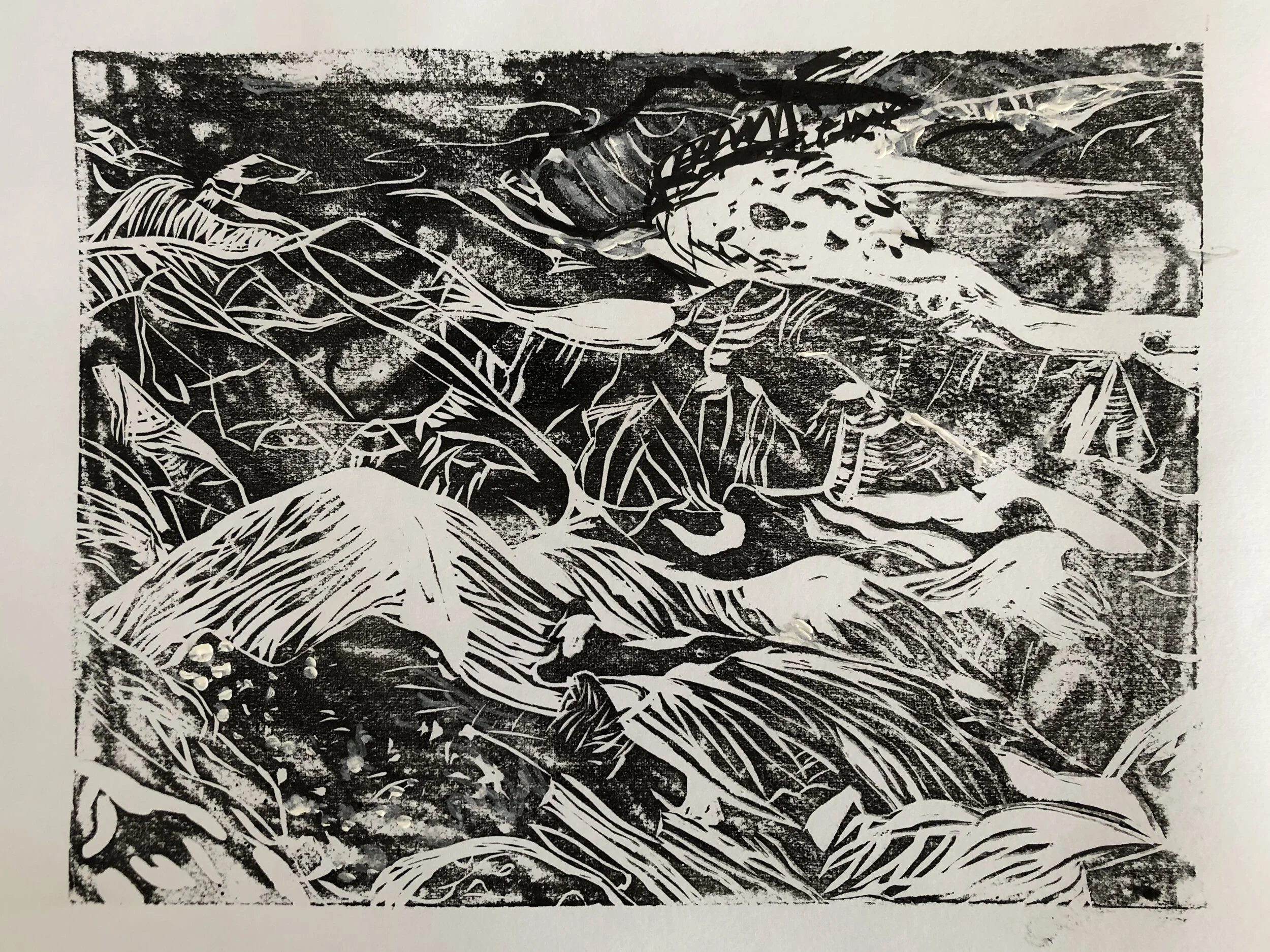 Blue Mesa, Linoleum Print with Marker, 2019