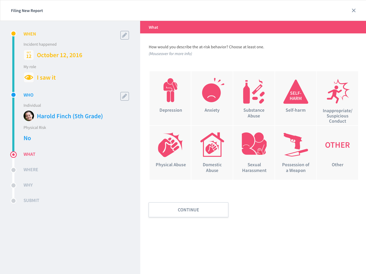 New icons for risky behavior reporting